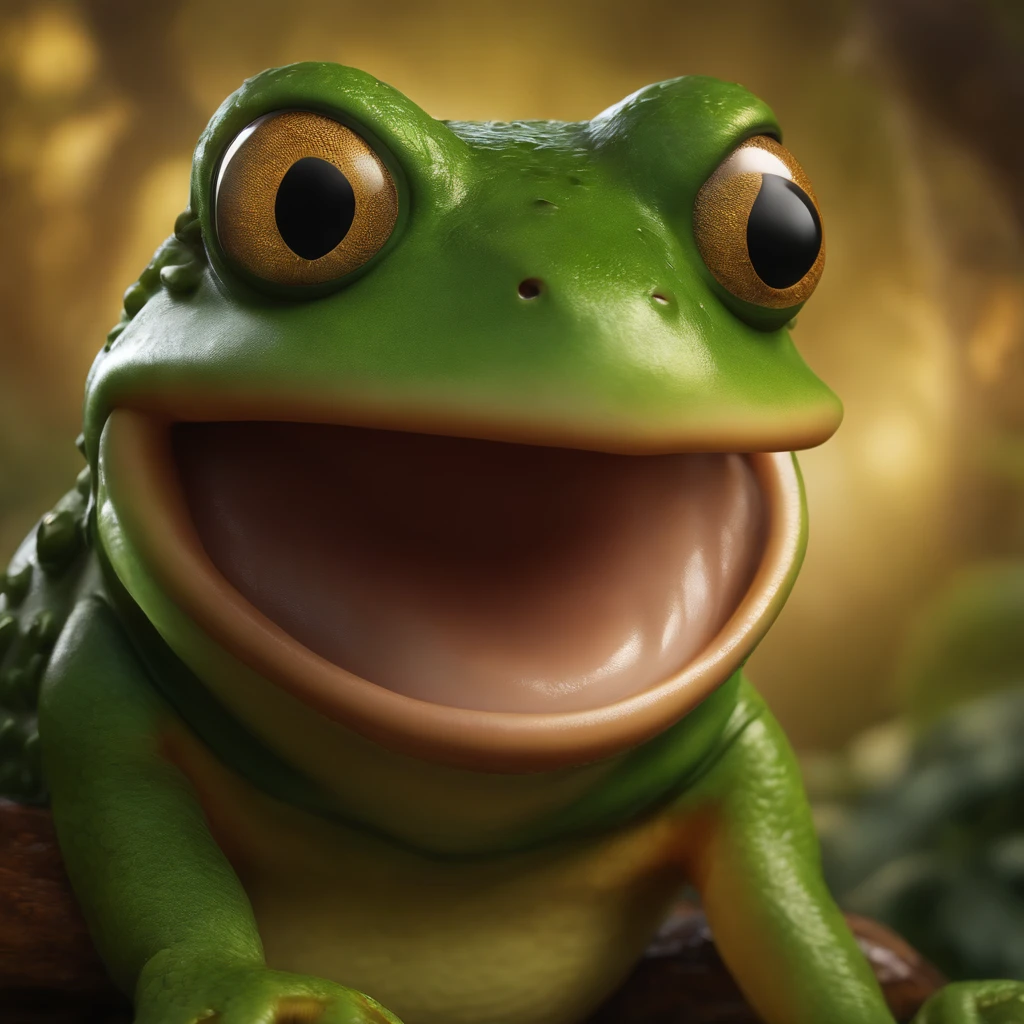 Close up portrait of cartoon character with big smile, Concept art by Andrew Ferres, behance contest winner, pop surrealism, Award-winning creature portrait, Frog fork, full color illustration, anthropomorphic creature, Humanoid Frog Monster, nffsw, epic full color illustration, full art illustration, Frogzilla Creature, Detailed creatures, Exquisite creature poster art