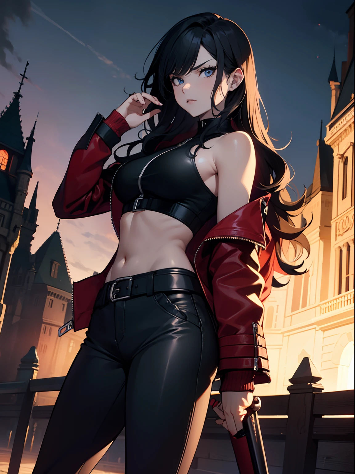 (Masterpiece), Anime Style, A Gorgeous 25 Years Old British Female Vampire Mercenary with Athletic Body, (Shoulder-level Wavy Black Hair), (Red Leather Jacket, Black Tanktop, and Black Tight Pants), (Pale Skin), (Blue Eyes), (Serious Looking), (Dark Castle at Night:1.4), Centered, (Waist-up Shot), (View From Front), Intricate Face Detail, Sharp Lines, Highly Detailed, 4k