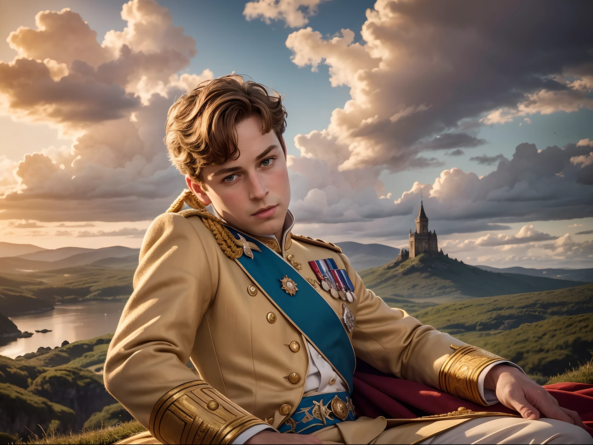 realistic style, The charming image of Prince George of England, with the image of him in royal robes, surrounded by vast landscapes, representing one hundred and thirty-three thousand acres of land, which he inherited in the twenty-three counties of the United Kingdom;, representing its immense wealth. hyper-detailing, 8K, A hyper-realistic