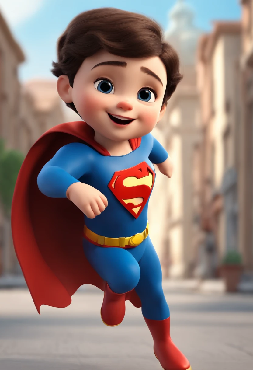 A happy and cute child flying with short hair, Wearing Superman clothes, , white backgrounid, Gamine, Toon, pixar-style, 。.3D, cartoony, Detal Face, Asymmetric 16K
