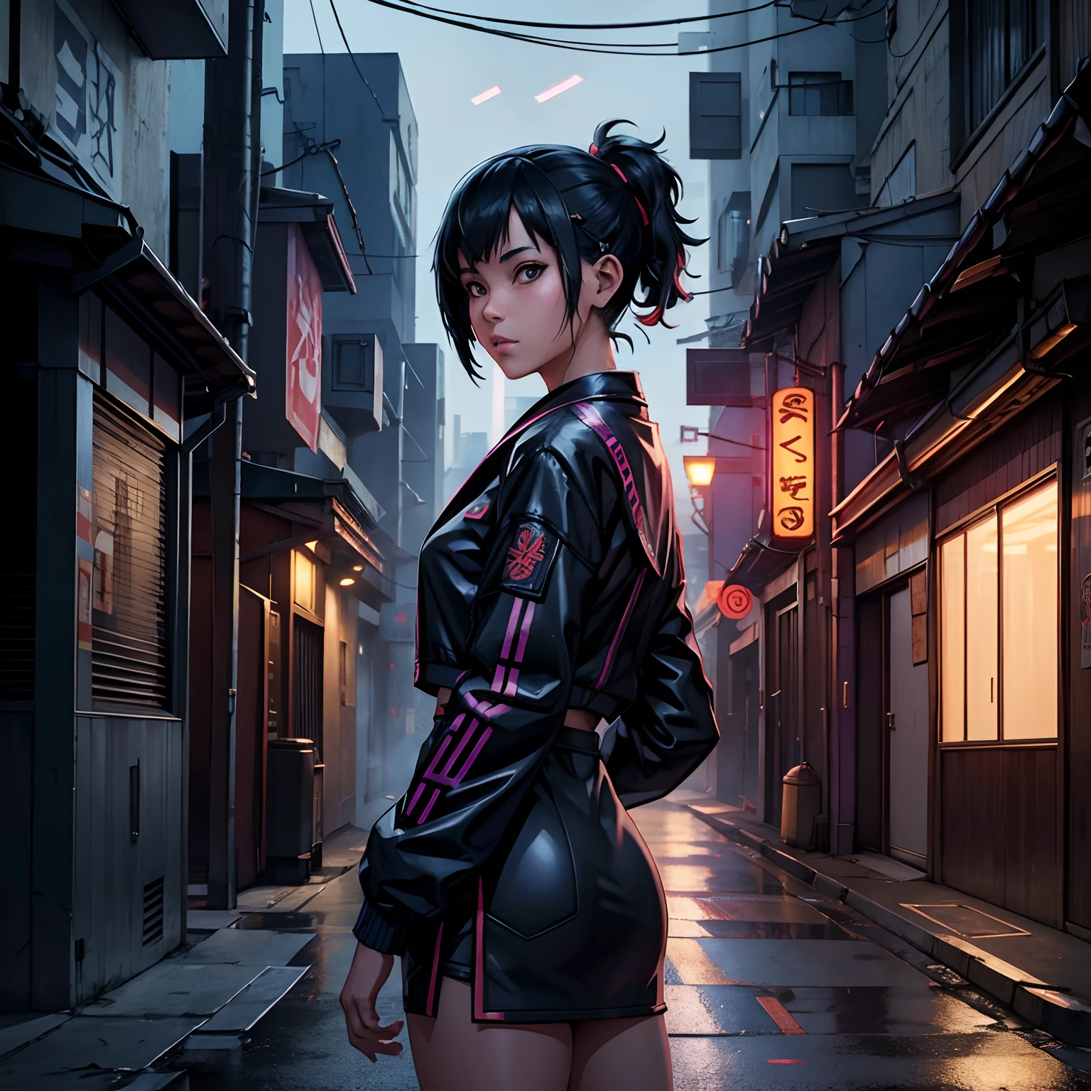An otako-style girl on a cyberpunk street looking back, Realistic image full HD images of the award-winning cinema atmospheric lighting 8k