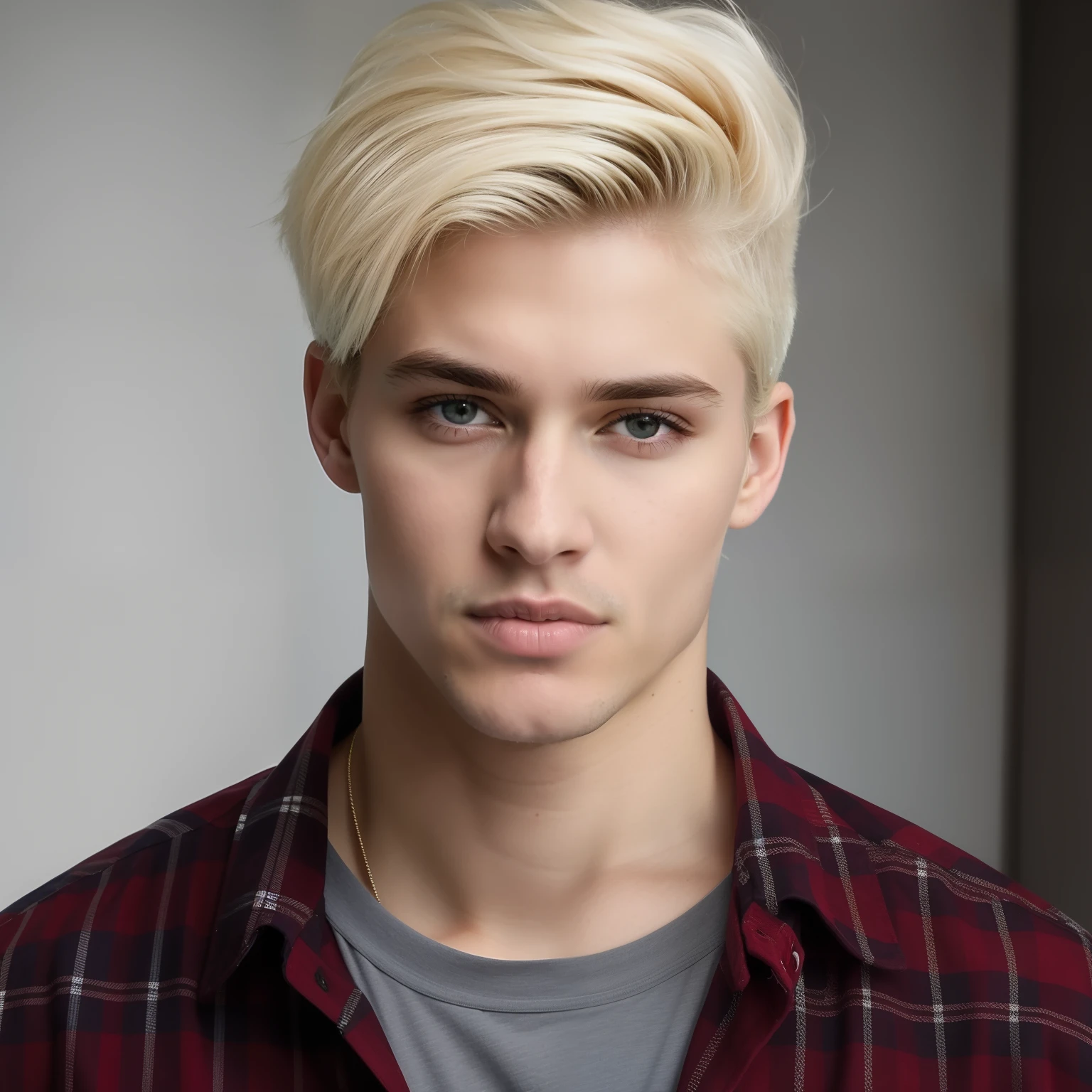 Rapaz loiro com uma camisa xadrez e olhos azuis posando para uma foto, long swept back blond hair, Blonde and attractive features, rapaz loiro, extremely pale blond hair, cabelos loiros limpos, pale hair, blond British boy, cara loiro, Cute young pale, modelo masculino, modelo bem cuidado, rapaz loiro, Branco - Cabelos Loiros, Cabelo loiro com pontas de gel, rosto detalhado, square jawline, rosto atraente, jovem atraente, Sam Harwood 8k