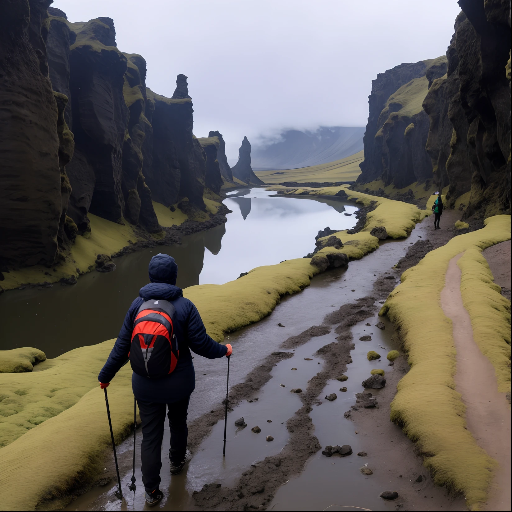 Arafeld hikers on trails in canyons with rivers, icelandic valley, iceland photography, girl walking in a canyon, sci-fi of iceland landscape, iceland, iceland landscape, iceland hills in the background, iceland landscape, In the calm waters of Iceland, iceland landscape photography, Forest environment in Iceland, lush mossy canyon, an icelandic landscape, Breathtaking landscapes