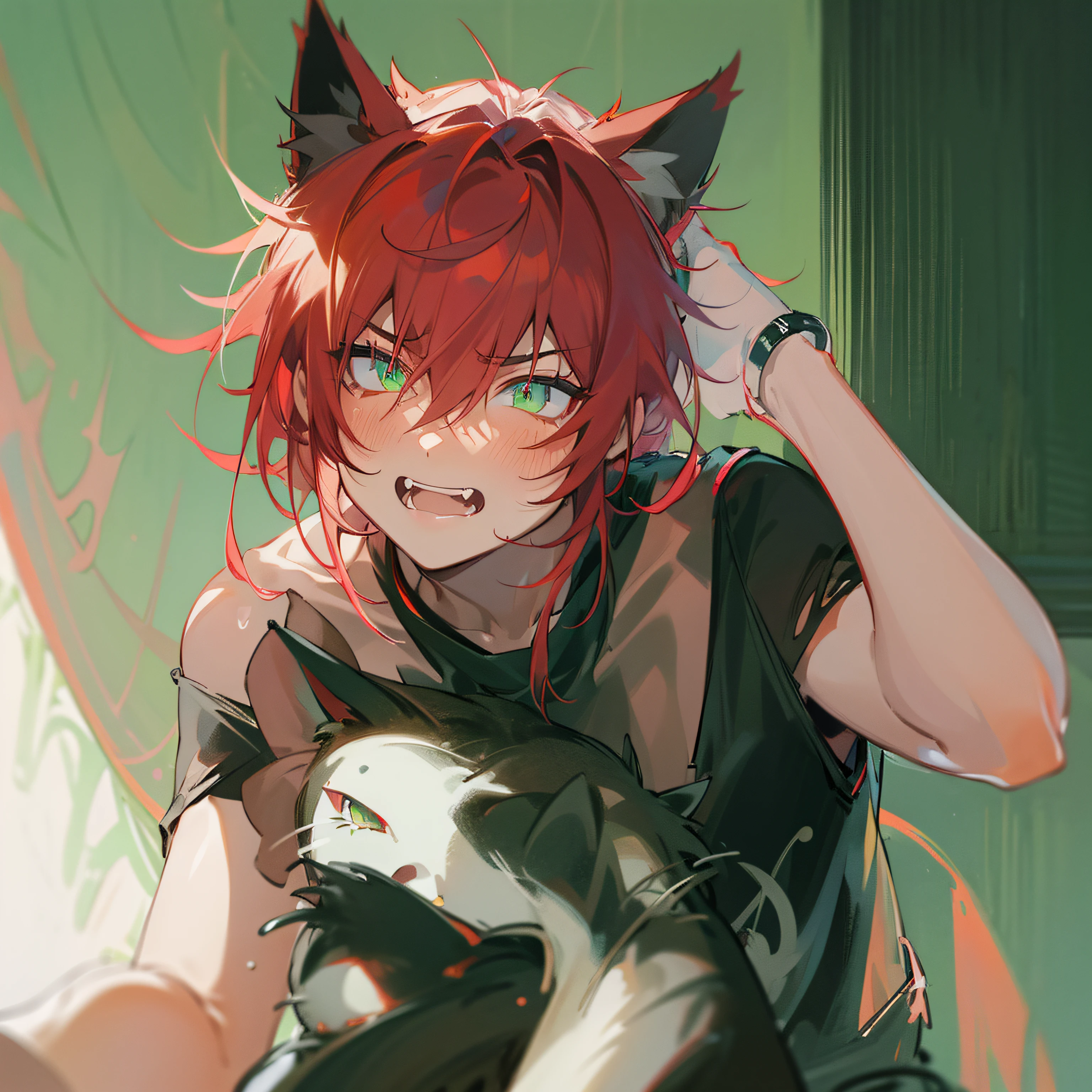 (best quality,masterpiece:1.2),1boy,shoulder length hair,red hair,cat ears,bright green eyes,black tank top,embarrassed,artistic,portrait,detailed hair,expressive eyes,soft lighting,vivid colors,little fangs