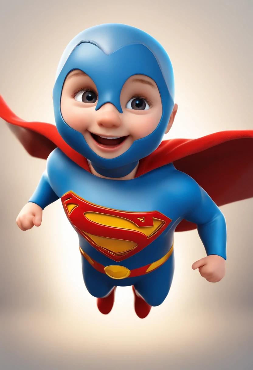 A happy and cute masked flying child, Wearing Superman's clothes, , white backgrounid, Gamine, Toon, pixar-style, 。.。.3D, Cartoony, Detal Face, Asymmetric 16K