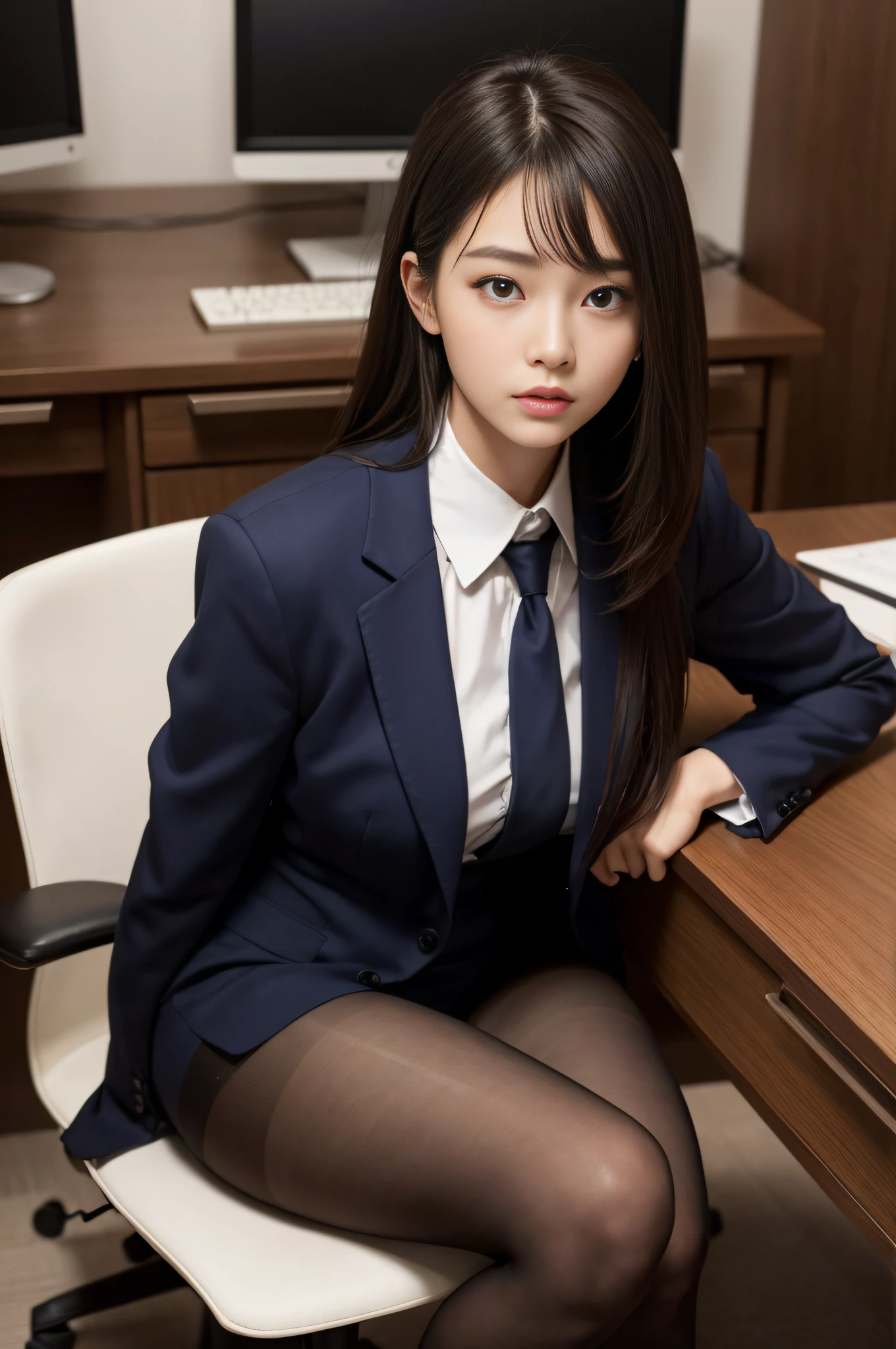((masterpiece:1.4))、((Flying debris:1.4))、((Woman with long black hair:1.4))、((Wearing a light brown checkered short pleated skirt::1.4))、((Sitting on the bed:1.4))、 ((Cowboy Shot:1.4))、((Shot from below:1.4))、((-yeld hischool girl:1.4))、Innocent look、((Please wear a white long-sleeved collared dress shirt:1.4))、((Woman in a black suit:1.4))、((Small breasts:1.4))、((A light brown checkered mini skirt that accentuates thighs:1.4))、((Wearing a black office blazer:1.4))、((Wearing a neat black office blazer:1.4)), ((Black pantyhose:1.4))、((A woman looking at the viewer with a sad expression:1.4))、