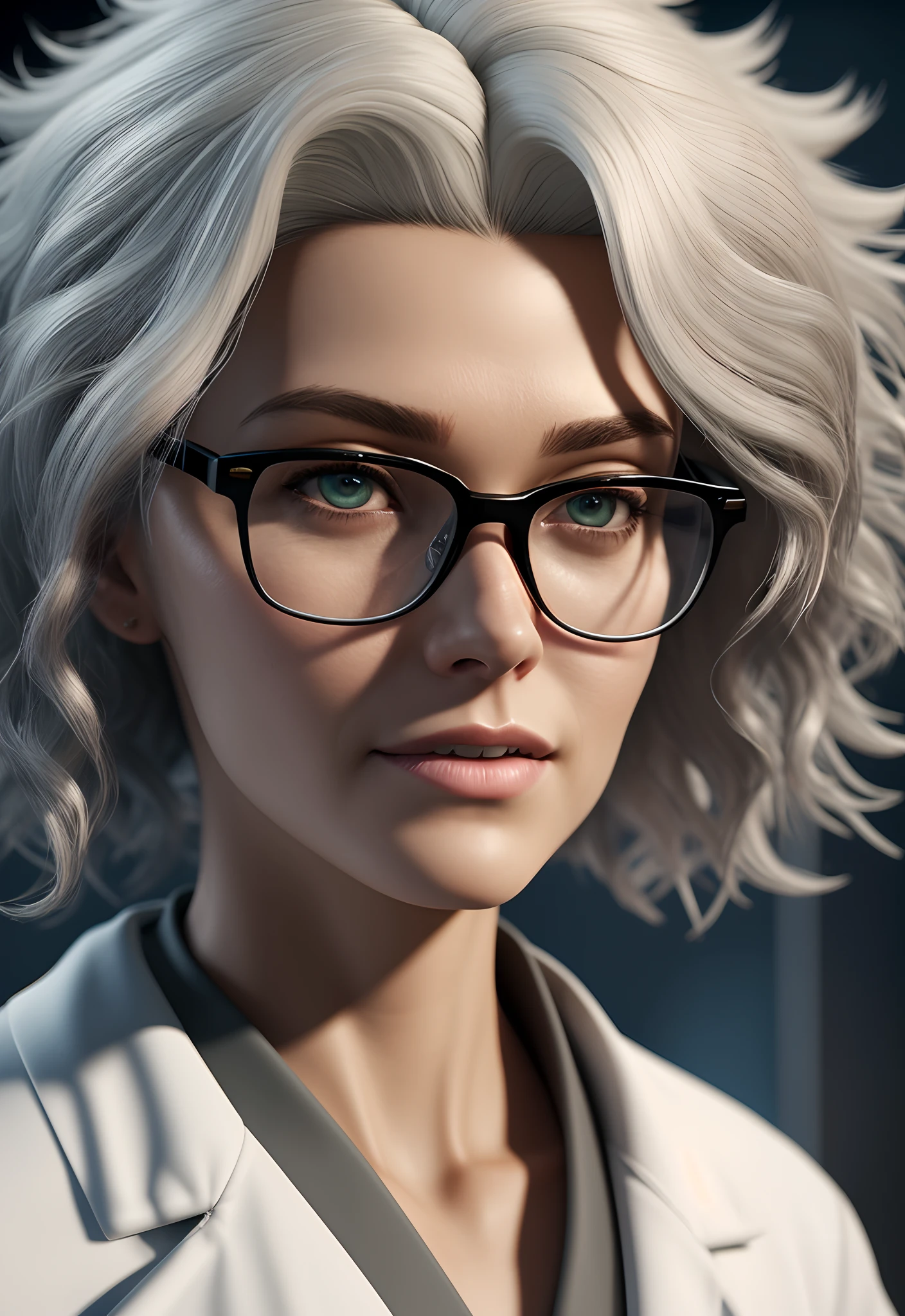 a close up of a woman with glasses and a white coat, adventure hyper realistic render, straight grey hair, tv commercial, riot entertainment realistic, skinny male fantasy scientist, curly white hair, ute osterwalder, matter painting, npc, einstein, japanese cgi, professional advertisement, she
