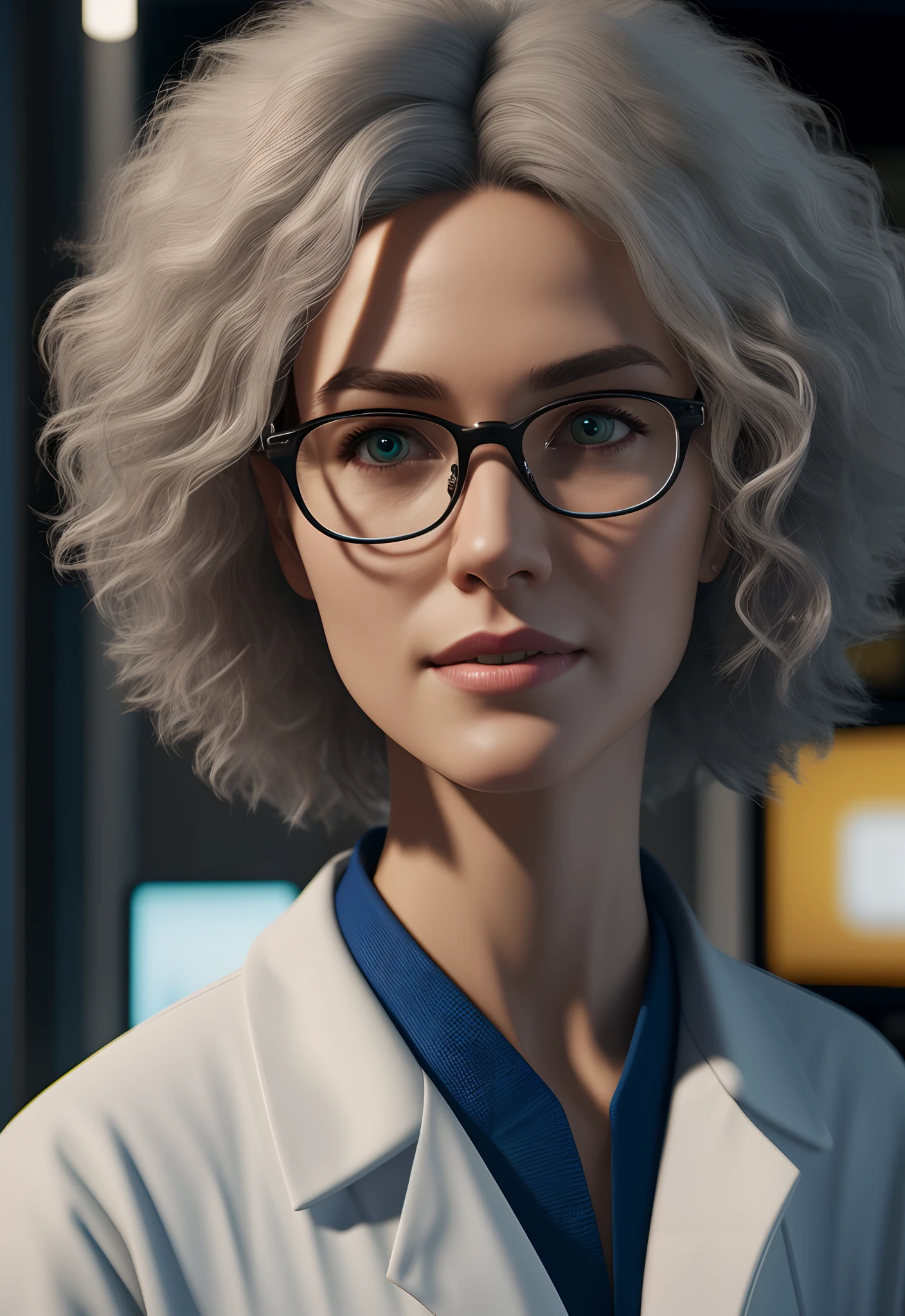 a close up of a woman with glasses and a white coat, adventure hyper realistic render, straight grey hair, tv commercial, riot entertainment realistic, skinny male fantasy scientist, curly white hair, ute osterwalder, matter painting, npc, einstein, japanese cgi, professional advertisement, she