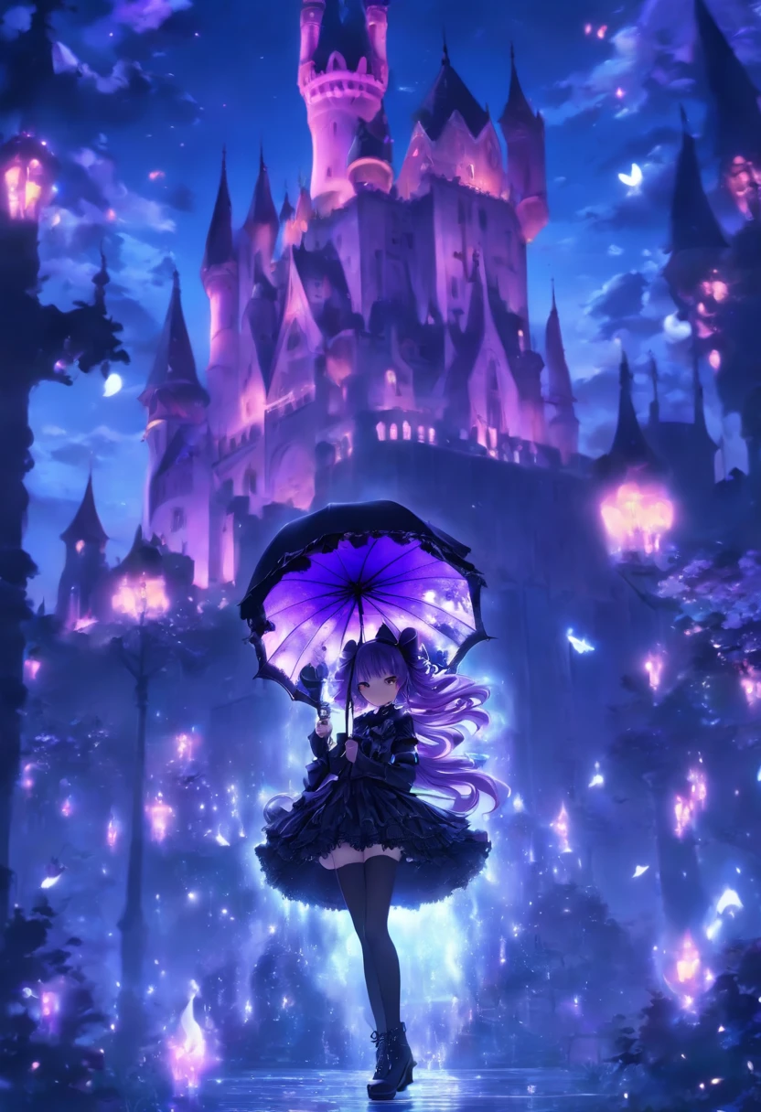 gothic lolita surrounded by purple fairy flame under a moonlit castle, purple hair, using an umbrella