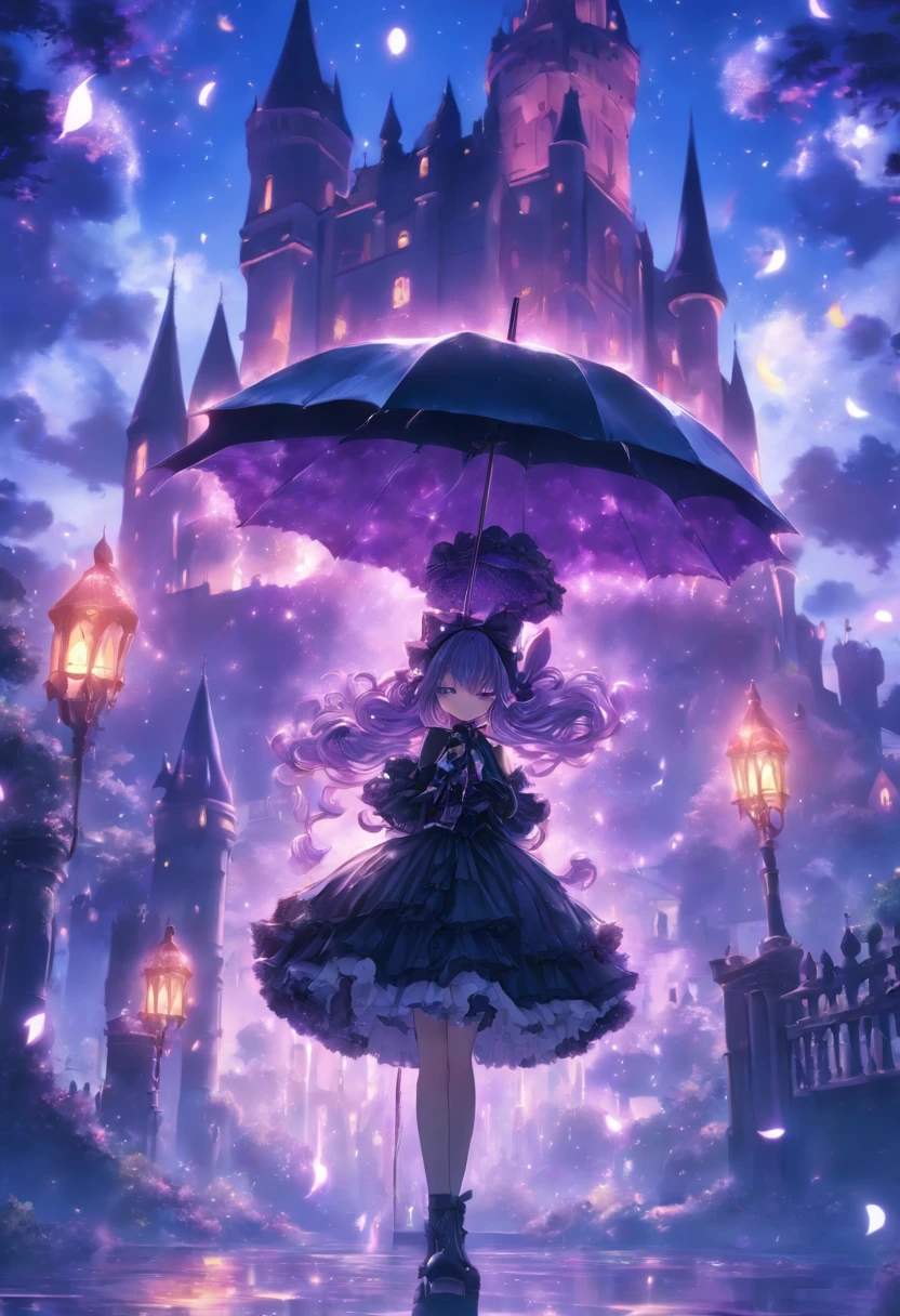 gothic lolita surrounded by purple fairy flame under a moonlit castle, purple hair, using an umbrella