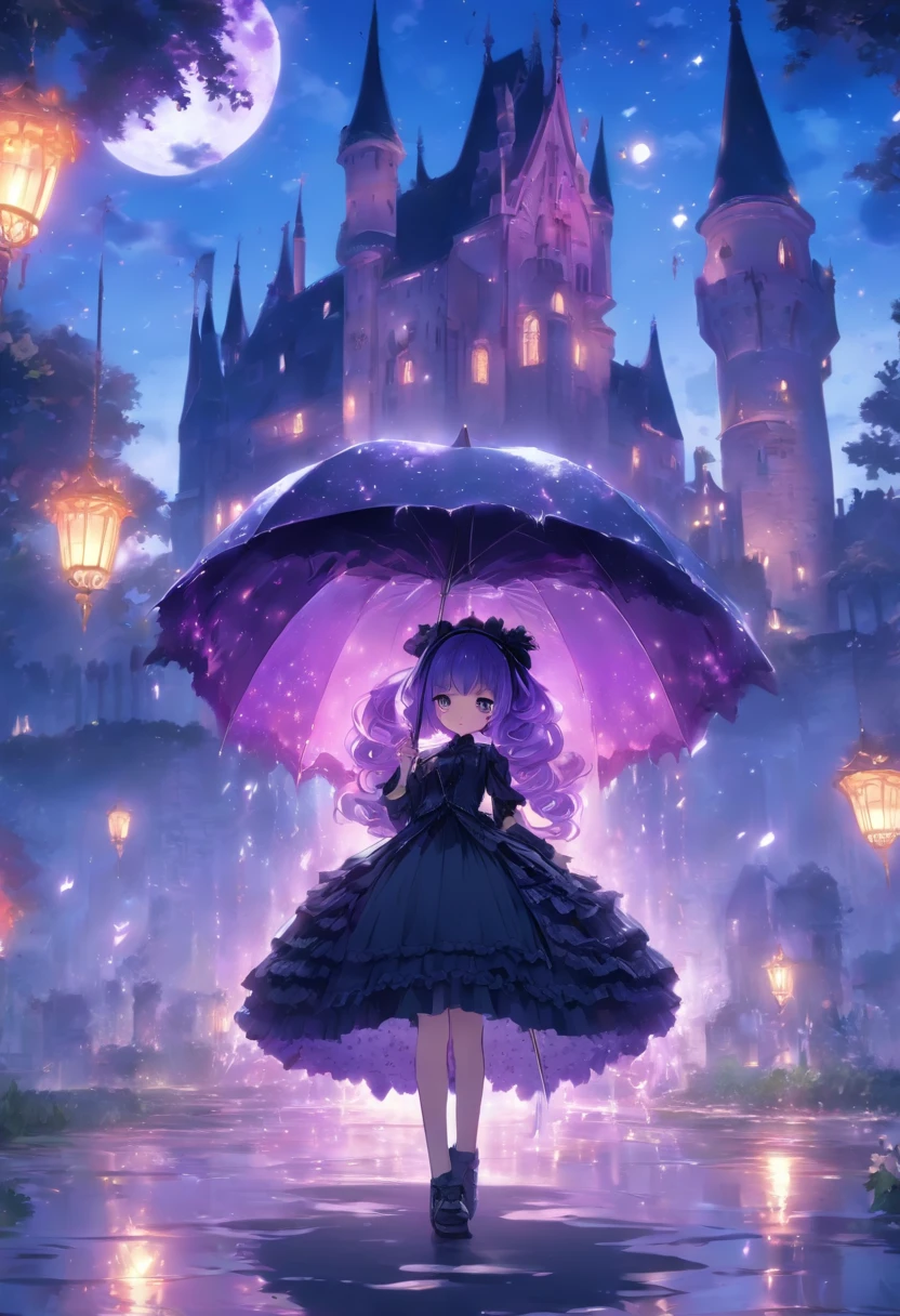 gothic lolita surrounded by purple fairy flame under a moonlit castle, purple hair, using an umbrella