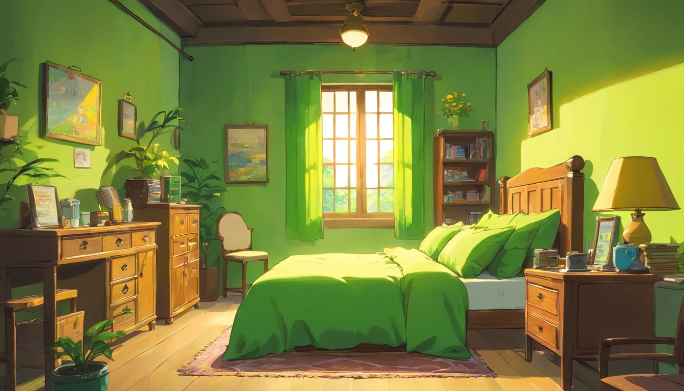 Urban Indoor，Room bedroom，a bed，Simple style, computer, (the main color is green and yellow)