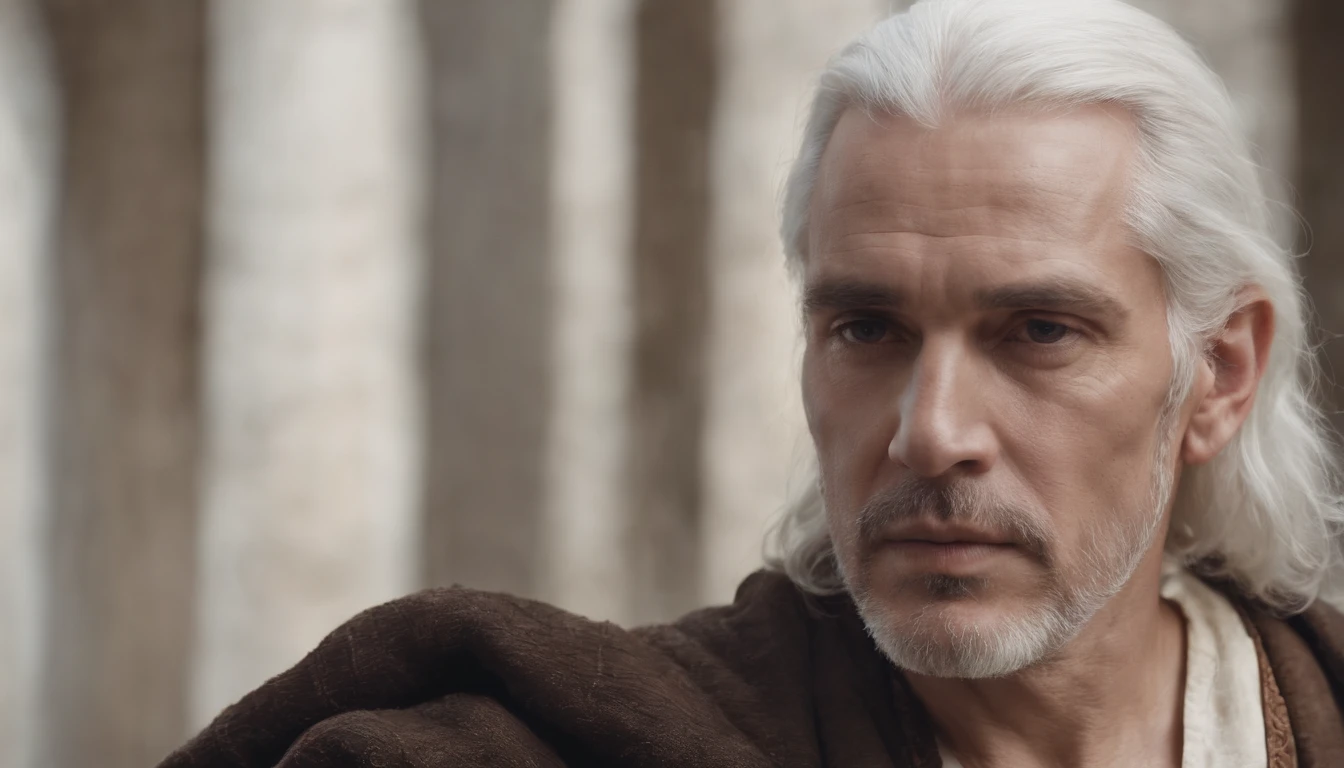 45-year-old man resembling a disciple of God, with barbarism and white hair, com olhos arregalados, cinematic background, face centrada, Realistic