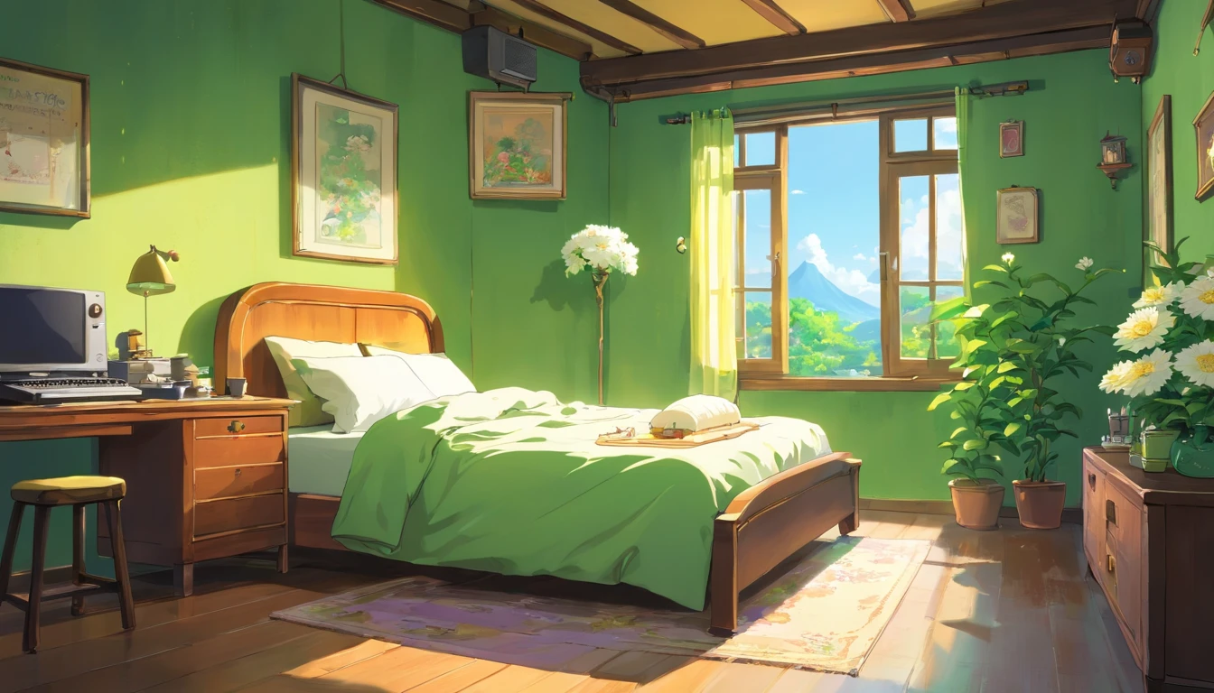 Urban Indoor,Room bedroom,a bed,Simple style, computer, white flower, guitar (the main color is green and yellow)
