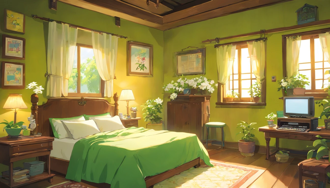 Urban Indoor，Room bedroom，a bed，Simple style, computer, white flower, guitar (the main color is green and yellow)