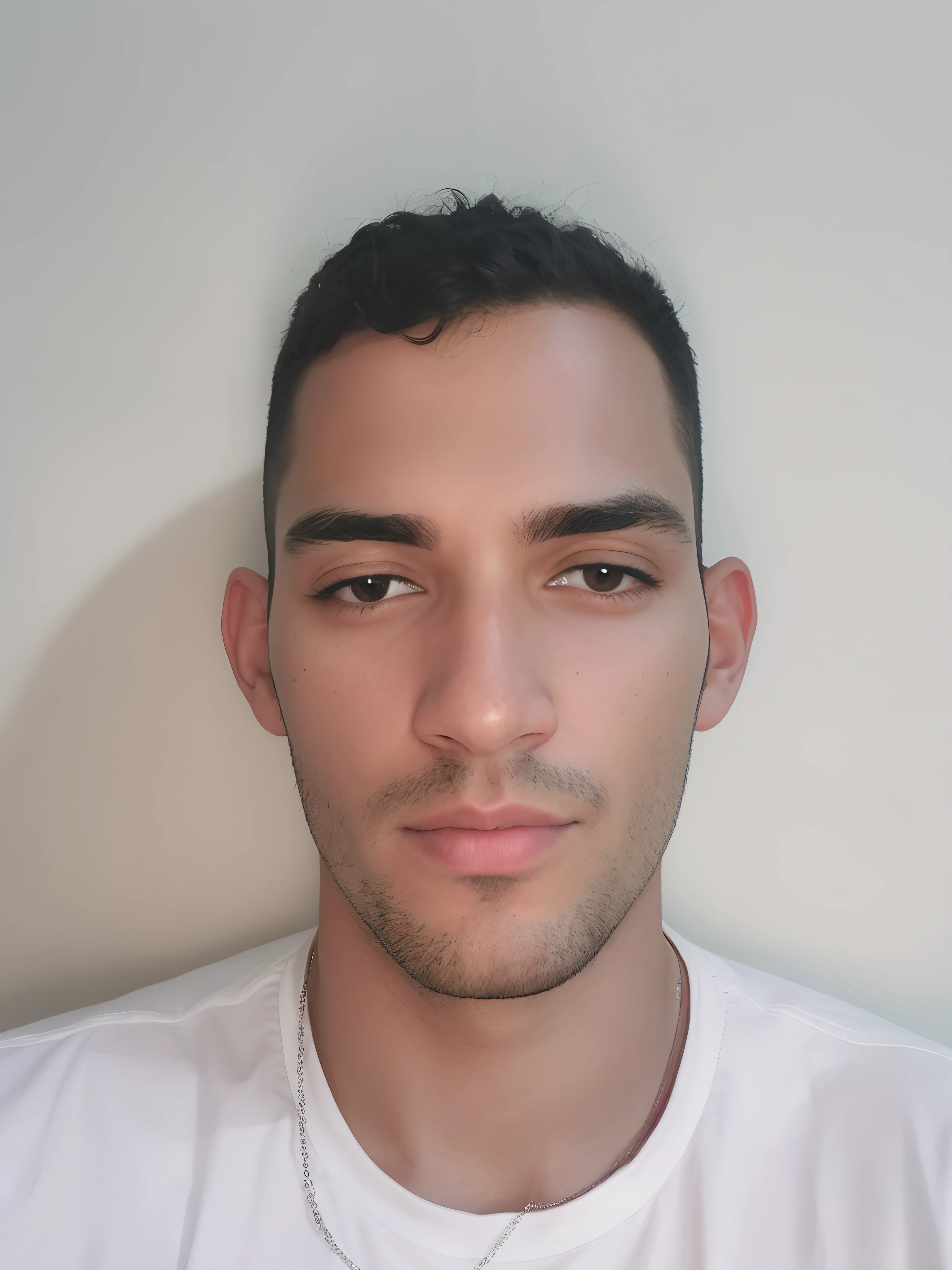 Man with a white shirt and a necklace around his neck, imagem frontal, retrato de rosto completo, rosto detalhado real, face frontal centrada, clear symmetrical face, imagem do rosto, blue symmetric eyes 24yo, rosto detalhado preciso, retrato de rosto inteiro, face frontal centrada, cara muito realista, Rosto ultra realista, detailed unblurred face