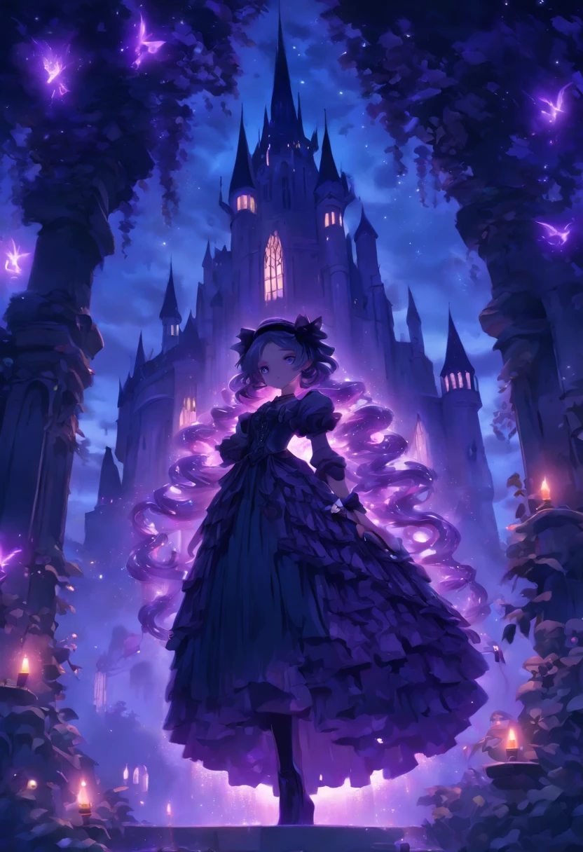 (a) gothic lolita, (dark, elegant:1.1), (purple-haired, long-haired), (wearing a dress, in a frilly dress), (carrying, holding) an umbrella, (frills, lace), (bow, ribbon), (standing, posing), (in front of) a moonlit castle
(b) surrounded by (purple fairy flame, ethereal flames:1.1), (glowing, flickering), (creating, casting) a soft, (magical, enchanting) light
(c) (mysterious, ominous) atmosphere, (dramatic, eerie) shadows, (moonlight, moonlit), (casting, illuminating) the scene
(d) (vibrant, rich) purple color palette, (deep, dark shades), (contrasting, highlighting) the gothic aesthetic
(e) (detailed, intricate) castle architecture, (towering, majestic) towers, (ornate, delicate) windows, (stone walls, battlements)
(f) (lush, overgrown) garden, (twisted, thorny) vines, (blooming, vibrant) flowers
(g) (enchanted, magical) atmosphere, (sparkling, shimmering) stars, (fluttering, glowing) fireflies
(h) (mysterious, haunting) music playing in the background, (melancholic, ethereal) melodies
(i) (fine art, oil painting)-like rendering, (realistic, detailed, lifelike) textures, (soft, smooth) brush strokes
(j) (vivid, rich) colors, (deep purples, contrasting hues), (subtle, nuanced) lighting effects
(k) (emphasize, highlight) the gothic aesthetic, (dramatic, theatrical) poses, (intricate, extravagant) details
(l) (high resolution, 4k, 8k), (ultra-detailed, hyper-realistic, photorealistic:1.37) output
Please remove the parentheses in the above and the content in the parentheses in prompt,And make sure not to add any new sentences or explanations。