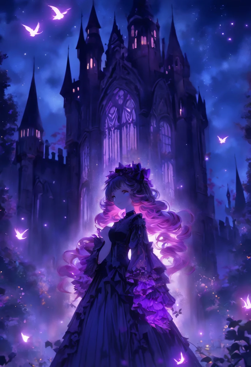 (a) gothic lolita, (dark, elegant:1.1), (purple-haired, long-haired), (wearing a dress, in a frilly dress), (carrying, holding) an umbrella, (frills, lace), (bow, ribbon), (standing, posing), (in front of) a moonlit castle

(b) surrounded by (purple fairy flame, ethereal flames:1.1), (glowing, flickering), (creating, casting) a soft, (magical, enchanting) light

(c) (mysterious, ominous) atmosphere, (dramatic, eerie) shadows, (moonlight, moonlit), (casting, illuminating) the scene

(d) (vibrant, rich) purple color palette, (deep, dark shades), (contrasting, highlighting) the gothic aesthetic

(e) (detailed, intricate) castle architecture, (towering, majestic) towers, (ornate, delicate) windows, (stone walls, battlements)

(f) (lush, overgrown) garden, (twisted, thorny) vines, (blooming, vibrant) flowers

(g) (enchanted, magical) atmosphere, (sparkling, shimmering) stars, (fluttering, glowing) fireflies

(h) (mysterious, haunting) music playing in the background, (melancholic, ethereal) melodies

(i) (fine art, oil painting)-like rendering, (realistic, detailed, lifelike) textures, (soft, smooth) brush strokes

(j) (vivid, rich) colors, (deep purples, contrasting hues), (subtle, nuanced) lighting effects

(k) (emphasize, highlight) the gothic aesthetic, (dramatic, theatrical) poses, (intricate, extravagant) details

(l) (high resolution, 4k, 8k), (ultra-detailed, hyper-realistic, photorealistic:1.37) output

Please remove the parentheses in the above and the content in the parentheses in prompt，And make sure not to add any new sentences or explanations。