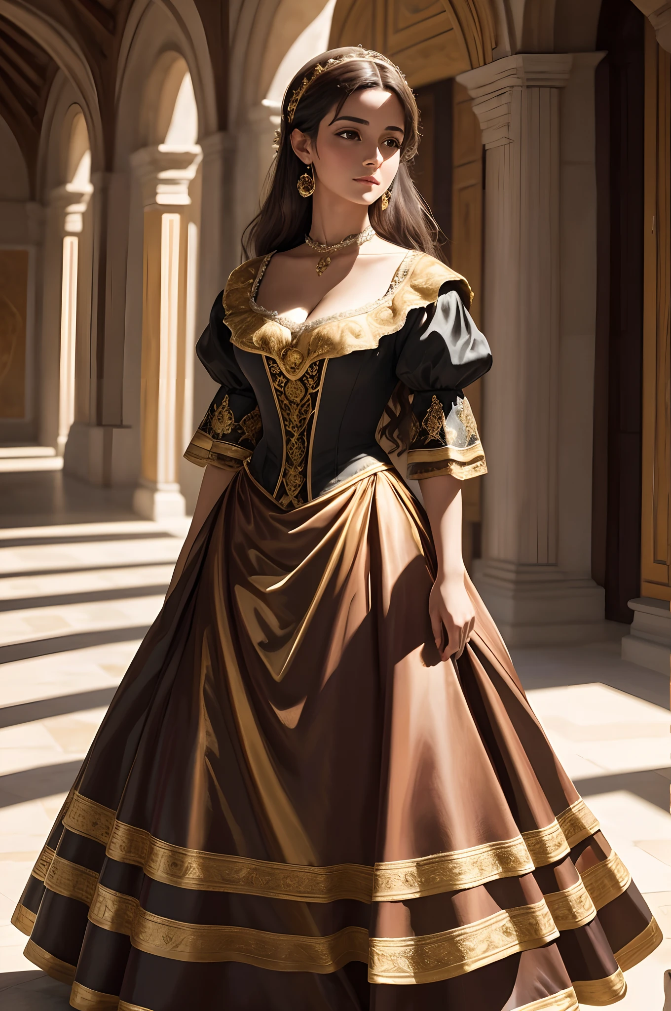 portrait,Generate a Spanish golden age painting (((acrylic full body painting))) of ((Dulcinea beautiful Spanish woman 20 years old dressed in a bolero dress)) as envisioned by Don Quixote, the love of his life. Create a portrait that captures her timeless beauty, with soft natural lighting and a 85mm lens for a classic look. Pay meticulous attention to detail, emphasizing the elegance of her attire and the enchantment in her eyes. Render the scene with a high resolution to showcase her grace, 2D, brown eyes