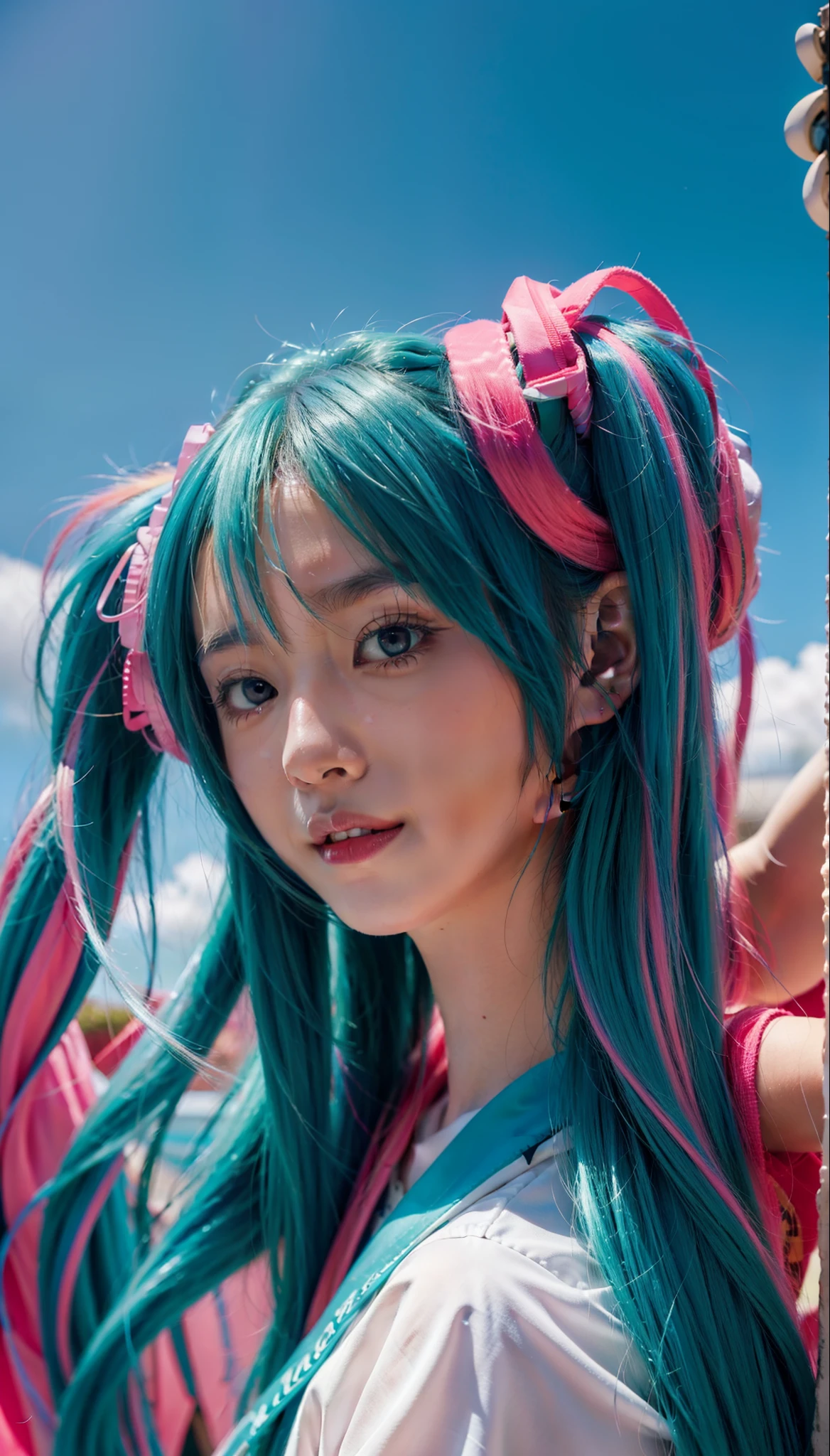 "Hatsune Miku's brightly multicolored hair, Full of color and energy."