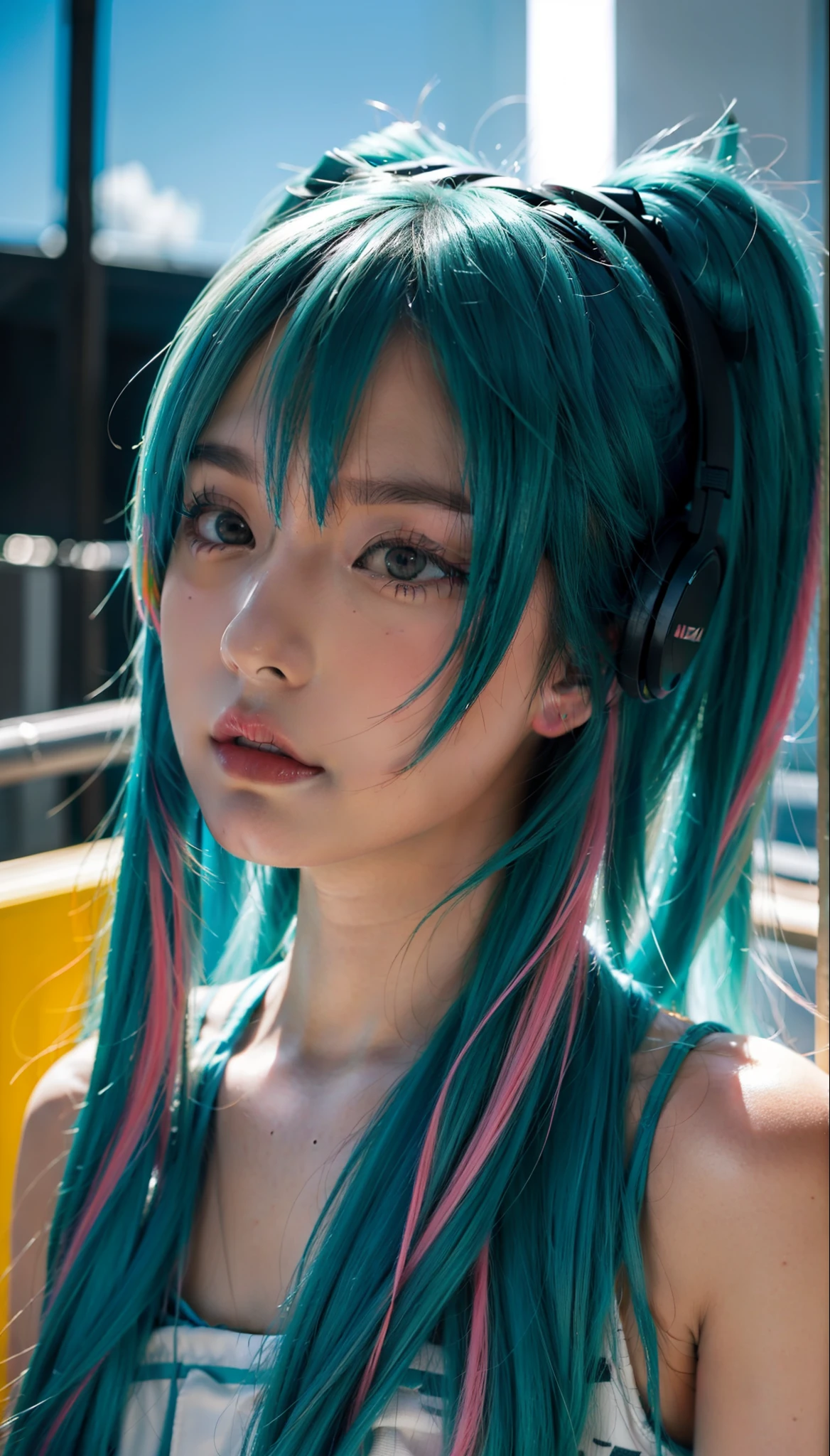 "Hatsune Miku's brightly multicolored hair, Full of color and energy."