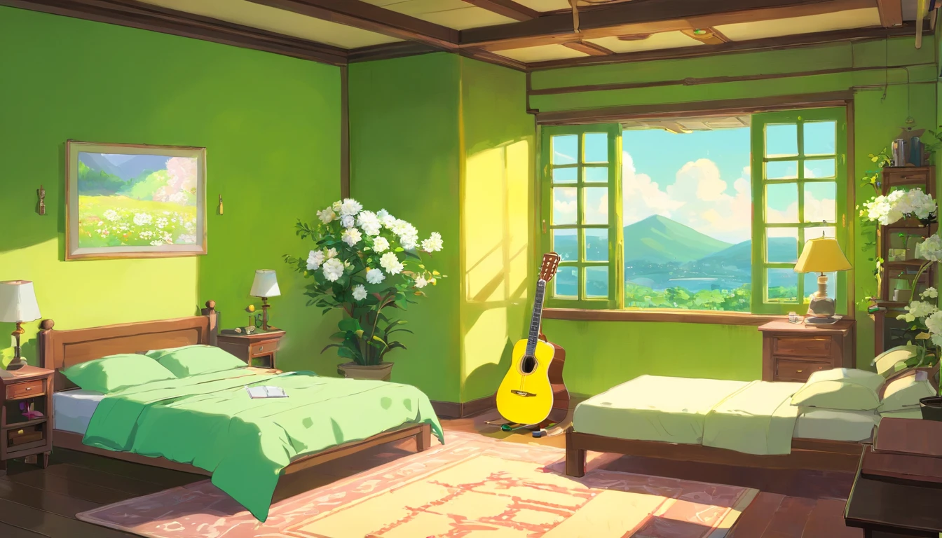 Morden room,Room bedroom,a bed,Simple style, computer, white flower, guitar (the main color is green and yellow)