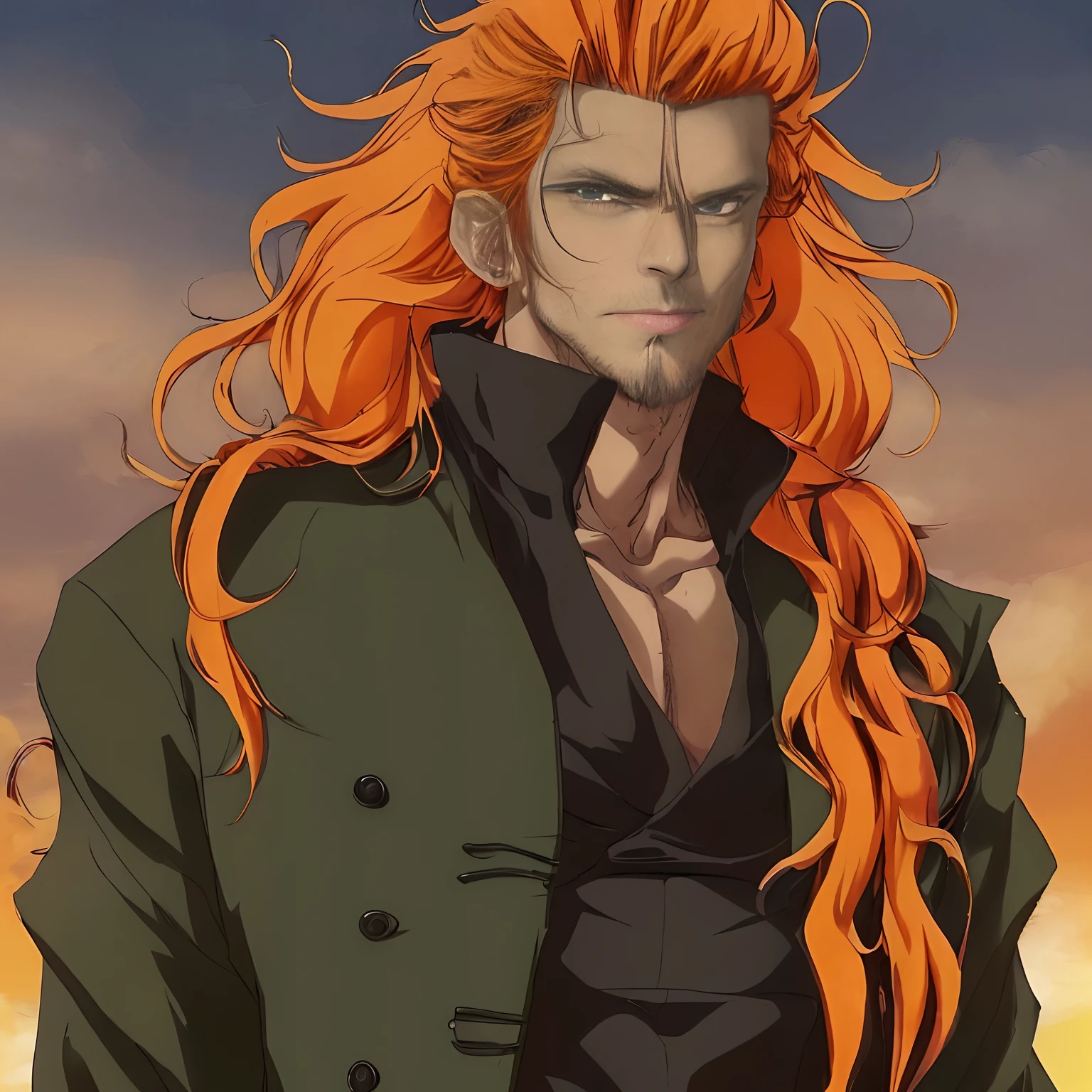 Anime characters with long red hair and green jacket standing before sunset, handsome guy in demon killer art, orange - haired anime boy, Anime handsome man, male anime character, kvothe from name of the wind, kentaro miura art, orange skin and long fiery hair, Anime portrait of a handsome man, best anime character design, anime figure