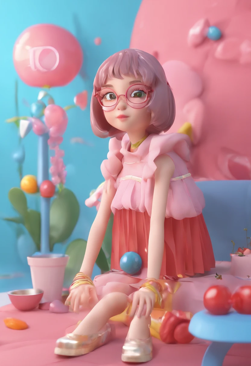 IP image，A girl with watery eyes，Cherry small mouth，Lollipop in hand，Legs hovered over the chair，Gaze ahead silently