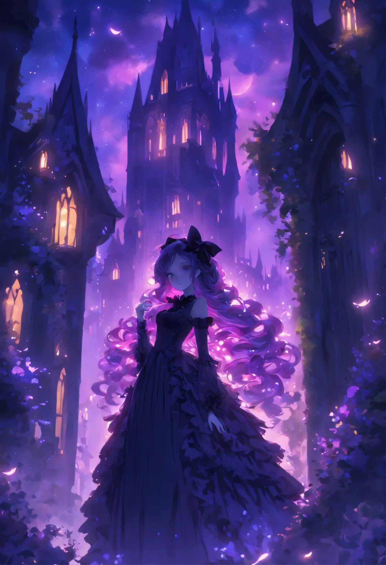 (a) gothic lolita, (dark, elegant:1.1), (purple-haired, long-haired), (wearing a dress, in a frilly dress), (carrying, holding) an umbrella, (frills, lace), (bow, ribbon), (standing, posing), (in front of) a moonlit castle
(b) surrounded by (purple fairy flame, ethereal flames:1.1), (glowing, flickering), (creating, casting) a soft, (magical, enchanting) light
(c) (mysterious, ominous) atmosphere, (dramatic, eerie) shadows, (moonlight, moonlit), (casting, illuminating) the scene
(d) (vibrant, rich) purple color palette, (deep, dark shades), (contrasting, highlighting) the gothic aesthetic
(e) (detailed, intricate) castle architecture, (towering, majestic) towers, (ornate, delicate) windows, (stone walls, battlements)
(f) (lush, overgrown) garden, (twisted, thorny) vines, (blooming, vibrant) flowers
(g) (enchanted, magical) atmosphere, (sparkling, shimmering) stars, (fluttering, glowing) fireflies
(h) (mysterious, haunting) music playing in the background, (melancholic, ethereal) melodies
(i) (fine art, oil painting)-like rendering, (realistic, detailed, lifelike) textures, (soft, smooth) brush strokes
(j) (vivid, rich) colors, (deep purples, contrasting hues), (subtle, nuanced) lighting effects
(k) (emphasize, highlight) the gothic aesthetic, (dramatic, theatrical) poses, (intricate, extravagant) details
(l) (high resolution, 4k, 8k), (ultra-detailed, hyper-realistic, photorealistic:1.37) output
Please remove the parentheses in the above and the content in the parentheses in prompt,And make sure not to add any new sentences or explanations。