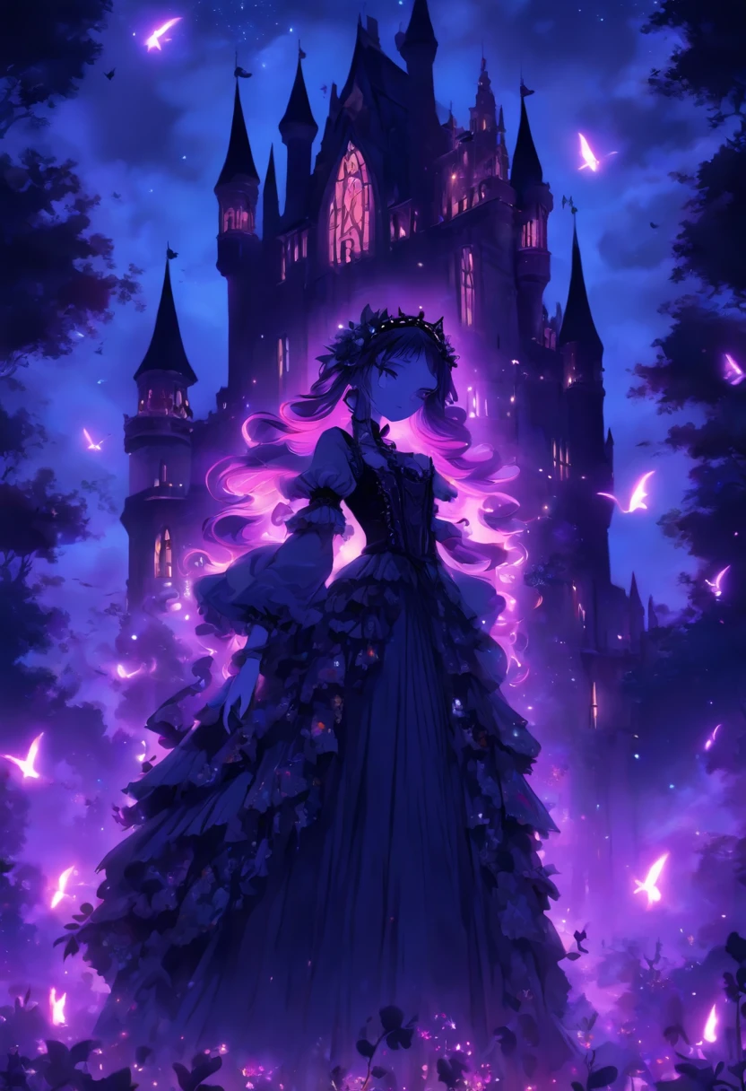 (a) gothic ta, (dark, elegant:1.1), (purple-haired, long-haired), (wearing a dress, in a frilly dress), (carrying, holding) an umbrella, (frills, lace), (bow, ribbon), (standing, posing), (in front of) a moonlit castle
(b) surrounded by (purple fairy flame, ethereal flames:1.1), (glowing, flickering), (creating, casting) a soft, (magical, enchanting) light
(c) (mysterious, ominous) atmosphere, (dramatic, eerie) shadows, (moonlight, moonlit), (casting, illuminating) the scene
(d) (vibrant, rich) purple color palette, (deep, dark shades), (contrasting, highlighting) the gothic aesthetic
(e) (detailed, intricate) castle architecture, (towering, majestic) towers, (ornate, delicate) windows, (stone walls, battlements)
(f) (lush, overgrown) garden, (twisted, thorny) vines, (blooming, vibrant) flowers
(g) (enchanted, magical) atmosphere, (sparkling, shimmering) stars, (fluttering, glowing) fireflies
(h) (mysterious, haunting) music playing in the background, (melancholic, ethereal) melodies
(i) (fine art, oil painting)-like rendering, (realistic, detailed, lifelike) textures, (soft, smooth) brush strokes
(j) (vivid, rich) colors, (deep purples, contrasting hues), (subtle, nuanced) lighting effects
(k) (emphasize, highlight) the gothic aesthetic, (dramatic, theatrical) poses, (intricate, extravagant) details
(l) (high resolution, 4k, 8k), (ultra-detailed, hyper-realistic, photorealistic:1.37) output
Please remove the parentheses in the above and the content in the parentheses in prompt,And make sure not to add any new sentences or explanations。