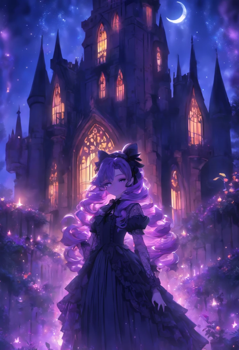 (a) gothic lolita, (dark, elegant:1.1), (purple-haired, long-haired), (wearing a dress, in a frilly dress), (carrying, holding) an umbrella, (frills, lace), (bow, ribbon), (standing, posing), (in front of) a moonlit castle

(b) surrounded by (purple fairy flame, ethereal flames:1.1), (glowing, flickering), (creating, casting) a soft, (magical, enchanting) light

(c) (mysterious, ominous) atmosphere, (dramatic, eerie) shadows, (moonlight, moonlit), (casting, illuminating) the scene

(d) (vibrant, rich) purple color palette, (deep, dark shades), (contrasting, highlighting) the gothic aesthetic

(e) (detailed, intricate) castle architecture, (towering, majestic) towers, (ornate, delicate) windows, (stone walls, battlements)

(f) (lush, overgrown) garden, (twisted, thorny) vines, (blooming, vibrant) flowers

(g) (enchanted, magical) atmosphere, (sparkling, shimmering) stars, (fluttering, glowing) fireflies

(h) (mysterious, haunting) music playing in the background, (melancholic, ethereal) melodies

(i) (fine art, oil painting)-like rendering, (realistic, detailed, lifelike) textures, (soft, smooth) brush strokes

(j) (vivid, rich) colors, (deep purples, contrasting hues), (subtle, nuanced) lighting effects

(k) (emphasize, highlight) the gothic aesthetic, (dramatic, theatrical) poses, (intricate, extravagant) details

(l) (high resolution, 4k, 8k), (ultra-detailed, hyper-realistic, photorealistic:1.37) output

Please remove the parentheses in the above and the content in the parentheses in prompt，And make sure not to add any new sentences or explanations。
