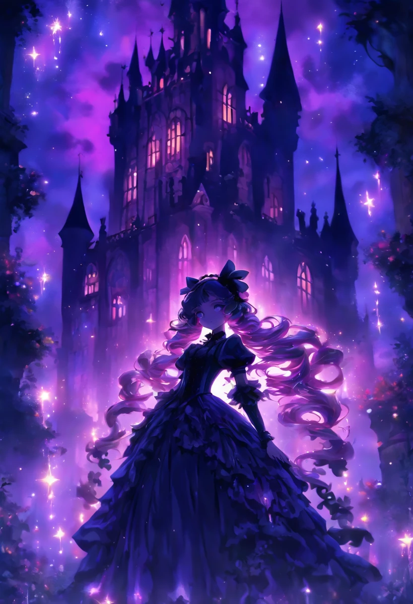 (a) gothic lolita, (dark, elegant:1.1), (purple-haired, long-haired), (wearing a dress, in a frilly dress), (carrying, holding) an umbrella, (frills, lace), (bow, ribbon), (standing, posing), (in front of) a moonlit castle
(b) surrounded by (purple fairy flame, ethereal flames:1.1), (glowing, flickering), (creating, casting) a soft, (magical, enchanting) light
(c) (mysterious, ominous) atmosphere, (dramatic, eerie) shadows, (moonlight, moonlit), (casting, illuminating) the scene
(d) (vibrant, rich) purple color palette, (deep, dark shades), (contrasting, highlighting) the gothic aesthetic
(e) (detailed, intricate) castle architecture, (towering, majestic) towers, (ornate, delicate) windows, (stone walls, battlements)
(f) (lush, overgrown) garden, (twisted, thorny) vines, (blooming, vibrant) flowers
(g) (enchanted, magical) atmosphere, (sparkling, shimmering) stars, (fluttering, glowing) fireflies
(h) (mysterious, haunting) music playing in the background, (melancholic, ethereal) melodies
(i) (fine art, oil painting)-like rendering, (realistic, detailed, lifelike) textures, (soft, smooth) brush strokes
(j) (vivid, rich) colors, (deep purples, contrasting hues), (subtle, nuanced) lighting effects
(k) (emphasize, highlight) the gothic aesthetic, (dramatic, theatrical) poses, (intricate, extravagant) details
(l) (high resolution, 4k, 8k), (ultra-detailed, hyper-realistic, photorealistic:1.37) output
Please remove the parentheses in the above and the content in the parentheses in prompt,And make sure not to add any new sentences or explanations。