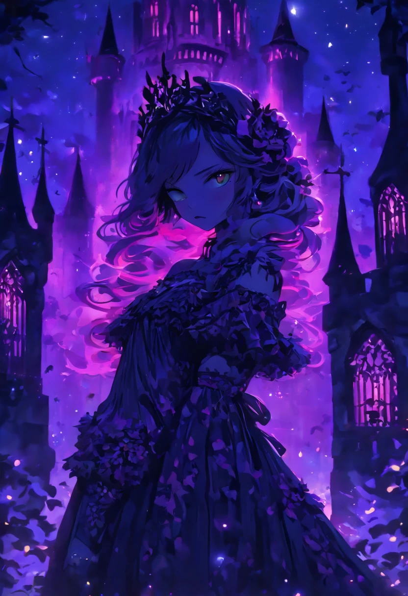 (a) gothic lolita, (dark, elegant:1.1), (purple-haired, long-haired), (wearing a dress, in a frilly dress), (carrying, holding) an umbrella, (frills, lace), (bow, ribbon), (standing, posing), (in front of) a moonlit castle
(b) surrounded by (purple fairy flame, ethereal flames:1.1), (glowing, flickering), (creating, casting) a soft, (magical, enchanting) light
(c) (mysterious, ominous) atmosphere, (dramatic, eerie) shadows, (moonlight, moonlit), (casting, illuminating) the scene
(d) (vibrant, rich) purple color palette, (deep, dark shades), (contrasting, highlighting) the gothic aesthetic
(e) (detailed, intricate) castle architecture, (towering, majestic) towers, (ornate, delicate) windows, (stone walls, battlements)
(f) (lush, overgrown) garden, (twisted, thorny) vines, (blooming, vibrant) flowers
(g) (enchanted, magical) atmosphere, (sparkling, shimmering) stars, (fluttering, glowing) fireflies
(h) (mysterious, haunting) music playing in the background, (melancholic, ethereal) melodies
(i) (fine art, oil painting)-like rendering, (realistic, detailed, lifelike) textures, (soft, smooth) brush strokes
(j) (vivid, rich) colors, (deep purples, contrasting hues), (subtle, nuanced) lighting effects
(k) (emphasize, highlight) the gothic aesthetic, (dramatic, theatrical) poses, (intricate, extravagant) details
(l) (high resolution, 4k, 8k), (ultra-detailed, hyper-realistic, photorealistic:1.37) output
Please remove the parentheses in the above and the content in the parentheses in prompt,And make sure not to add any new sentences or explanations。