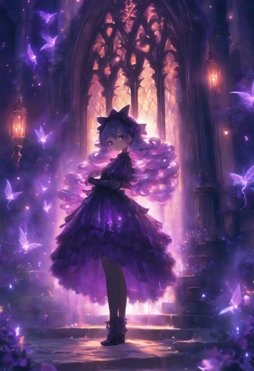 (a) gothic ta, (dark, elegant:1.1), (purple-haired, long-haired), (wearing a dress, in a frilly dress), (carrying, holding) an umbrella, (frills, lace), (bow, ribbon), (standing, posing), (in front of) a moonlit castle
(b) surrounded by (purple fairy flame, ethereal flames:1.1), (glowing, flickering), (creating, casting) a soft, (magical, enchanting) light
(c) (mysterious, ominous) atmosphere, (dramatic, eerie) shadows, (moonlight, moonlit), (casting, illuminating) the scene
(d) (vibrant, rich) purple color palette, (deep, dark shades), (contrasting, highlighting) the gothic aesthetic
(e) (detailed, intricate) castle architecture, (towering, majestic) towers, (ornate, delicate) windows, (stone walls, battlements)
(f) (lush, overgrown) garden, (twisted, thorny) vines, (blooming, vibrant) flowers
(g) (enchanted, magical) atmosphere, (sparkling, shimmering) stars, (fluttering, glowing) fireflies
(h) (mysterious, haunting) music playing in the background, (melancholic, ethereal) melodies
(i) (fine art, oil painting)-like rendering, (realistic, detailed, lifelike) textures, (soft, smooth) brush strokes
(j) (vivid, rich) colors, (deep purples, contrasting hues), (subtle, nuanced) lighting effects
(k) (emphasize, highlight) the gothic aesthetic, (dramatic, theatrical) poses, (intricate, extravagant) details
(l) (high resolution, 4k, 8k), (ultra-detailed, hyper-realistic, photorealistic:1.37) output
Please remove the parentheses in the above and the content in the parentheses in prompt,And make sure not to add any new sentences or explanations。