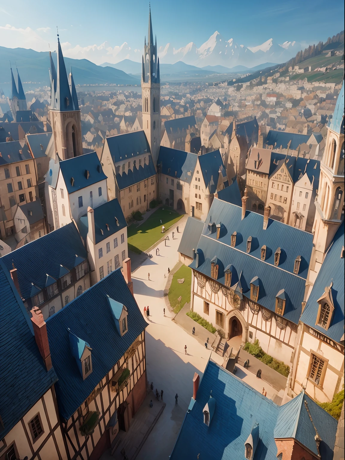 extreme detail, medieval town, buildings, blue roofs, people, fantasy creatures, high resolution