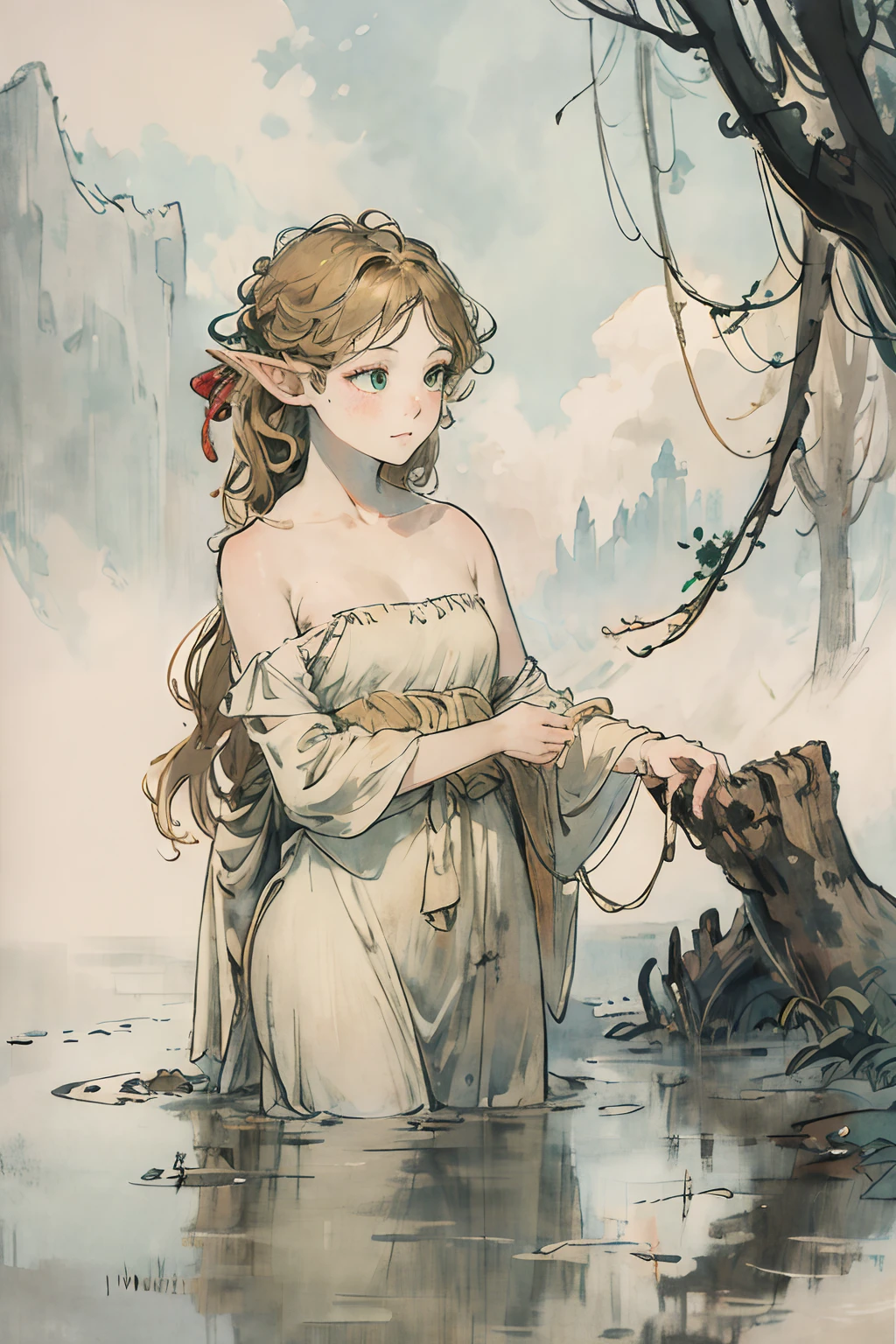 sfw,masutepiece, Best Quality, High resolution, 1girl, Full body, detail girl, detail hands, detail fingers, detail face, detail leg, 1girl, elf, looking down, dirty swamp, black sky, smog, watercolor, pale skin, petite, blonde hair, long hair, wavy hair, woe, sad smile, green eyes, tareme, medium breasts, white sundress, bare back, girl is praying