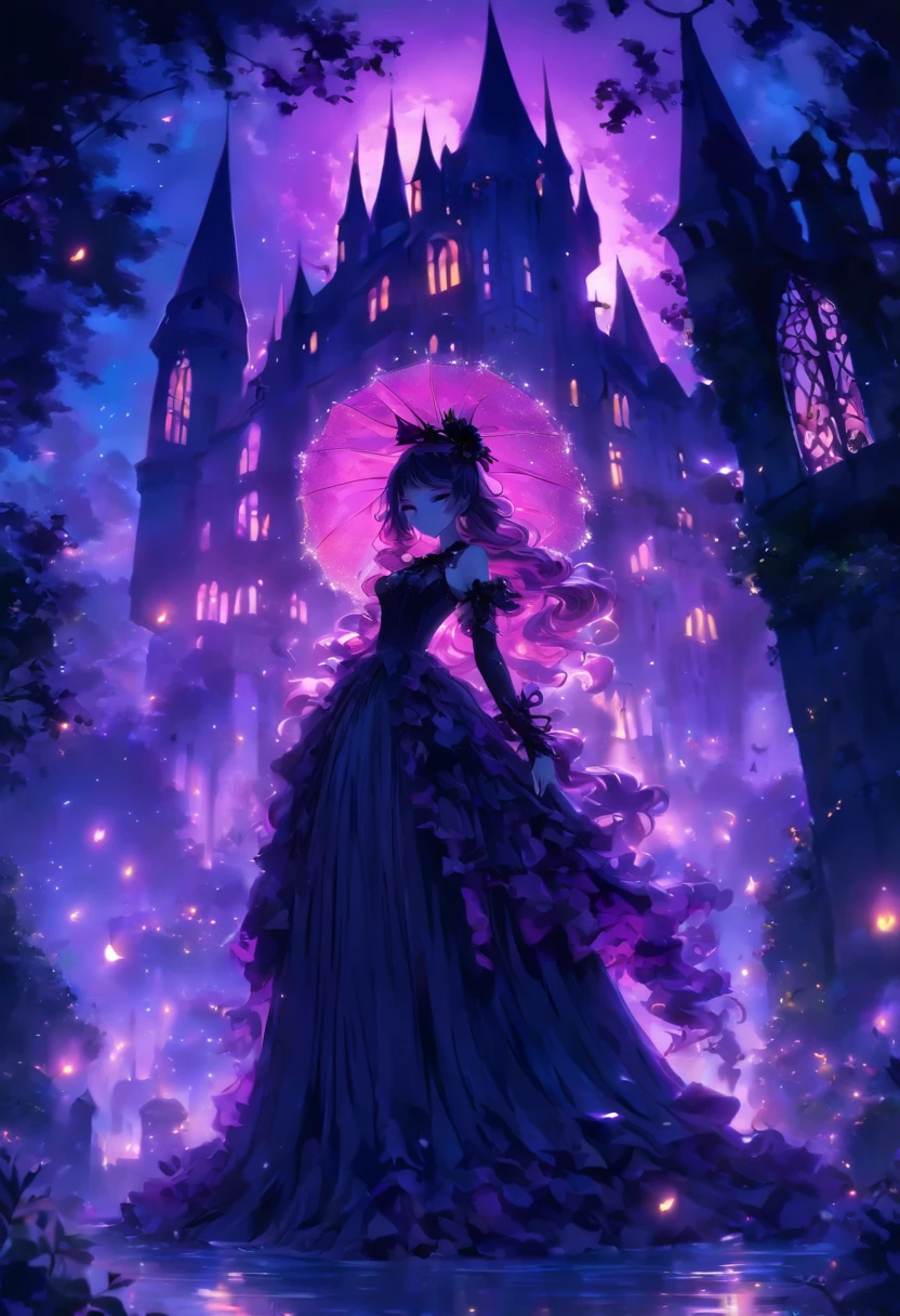 (a) gothic ta, (dark, elegant:1.1), (purple-haired, long-haired), (wearing a dress, in a frilly dress), (carrying, holding) an umbrella, (frills, lace), (bow, ribbon), (standing, posing), (in front of) a moonlit castle
(b) surrounded by (purple fairy flame, ethereal flames:1.1), (glowing, flickering), (creating, casting) a soft, (magical, enchanting) light
(c) (mysterious, ominous) atmosphere, (dramatic, eerie) shadows, (moonlight, moonlit), (casting, illuminating) the scene
(d) (vibrant, rich) purple color palette, (deep, dark shades), (contrasting, highlighting) the gothic aesthetic
(e) (detailed, intricate) castle architecture, (towering, majestic) towers, (ornate, delicate) windows, (stone walls, battlements)
(f) (lush, overgrown) garden, (twisted, thorny) vines, (blooming, vibrant) flowers
(g) (enchanted, magical) atmosphere, (sparkling, shimmering) stars, (fluttering, glowing) fireflies
(h) (mysterious, haunting) music playing in the background, (melancholic, ethereal) melodies
(i) (fine art, oil painting)-like rendering, (realistic, detailed, lifelike) textures, (soft, smooth) brush strokes
(j) (vivid, rich) colors, (deep purples, contrasting hues), (subtle, nuanced) lighting effects
(k) (emphasize, highlight) the gothic aesthetic, (dramatic, theatrical) poses, (intricate, extravagant) details
(l) (high resolution, 4k, 8k), (ultra-detailed, hyper-realistic, photorealistic:1.37) output
Please remove the parentheses in the above and the content in the parentheses in prompt,And make sure not to add any new sentences or explanations。