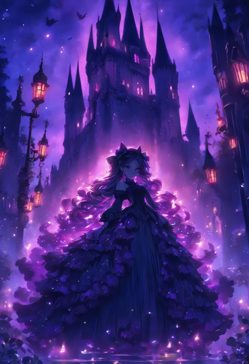 (a) gothic lolita, (dark, elegant:1.1), (purple-haired, long-haired), (wearing a dress, in a frilly dress), (carrying, holding) an umbrella, (frills, lace), (bow, ribbon), (standing, posing), (in front of) a moonlit castle

(b) surrounded by (purple fairy flame, ethereal flames:1.1), (glowing, flickering), (creating, casting) a soft, (magical, enchanting) light

(c) (mysterious, ominous) atmosphere, (dramatic, eerie) shadows, (moonlight, moonlit), (casting, illuminating) the scene

(d) (vibrant, rich) purple color palette, (deep, dark shades), (contrasting, highlighting) the gothic aesthetic

(e) (detailed, intricate) castle architecture, (towering, majestic) towers, (ornate, delicate) windows, (stone walls, battlements)

(f) (lush, overgrown) garden, (twisted, thorny) vines, (blooming, vibrant) flowers

(g) (enchanted, magical) atmosphere, (sparkling, shimmering) stars, (fluttering, glowing) fireflies

(h) (mysterious, haunting) music playing in the background, (melancholic, ethereal) melodies

(i) (fine art, oil painting)-like rendering, (realistic, detailed, lifelike) textures, (soft, smooth) brush strokes

(j) (vivid, rich) colors, (deep purples, contrasting hues), (subtle, nuanced) lighting effects

(k) (emphasize, highlight) the gothic aesthetic, (dramatic, theatrical) poses, (intricate, extravagant) details

(l) (high resolution, 4k, 8k), (ultra-detailed, hyper-realistic, photorealistic:1.37) output

Please remove the parentheses in the above and the content in the parentheses in prompt，And make sure not to add any new sentences or explanations。