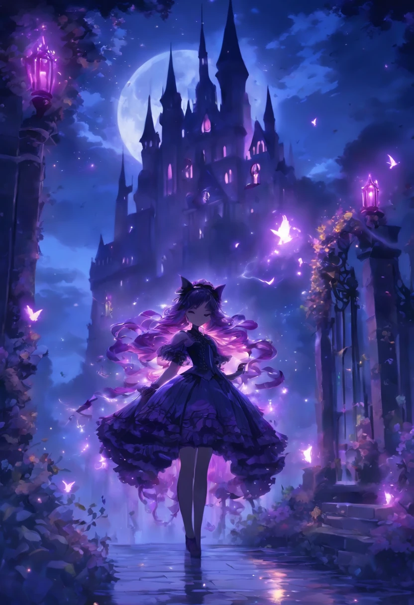 (a) gothic ta, (dark, elegant:1.1), (purple-haired, long-haired), (wearing a dress, in a frilly dress), (carrying, holding) an umbrella, (frills, lace), (bow, ribbon), (standing, posing), (in front of) a moonlit castle

(b) surrounded by (purple fairy flame, ethereal flames:1.1), (glowing, flickering), (creating, casting) a soft, (magical, enchanting) light

(c) (mysterious, ominous) atmosphere, (dramatic, eerie) shadows, (moonlight, moonlit), (casting, illuminating) the scene

(d) (vibrant, rich) purple color palette, (deep, dark shades), (contrasting, highlighting) the gothic aesthetic

(e) (detailed, intricate) castle architecture, (towering, majestic) towers, (ornate, delicate) windows, (stone walls, battlements)

(f) (lush, overgrown) garden, (twisted, thorny) vines, (blooming, vibrant) flowers

(g) (enchanted, magical) atmosphere, (sparkling, shimmering) stars, (fluttering, glowing) fireflies

(h) (mysterious, haunting) music playing in the background, (melancholic, ethereal) melodies

(i) (fine art, oil painting)-like rendering, (realistic, detailed, lifelike) textures, (soft, smooth) brush strokes

(j) (vivid, rich) colors, (deep purples, contrasting hues), (subtle, nuanced) lighting effects

(k) (emphasize, highlight) the gothic aesthetic, (dramatic, theatrical) poses, (intricate, extravagant) details

(l) (high resolution, 4k, 8k), (ultra-detailed, hyper-realistic, photorealistic:1.37) output

Please remove the parentheses in the above and the content in the parentheses in prompt，And make sure not to add any new sentences or explanations。