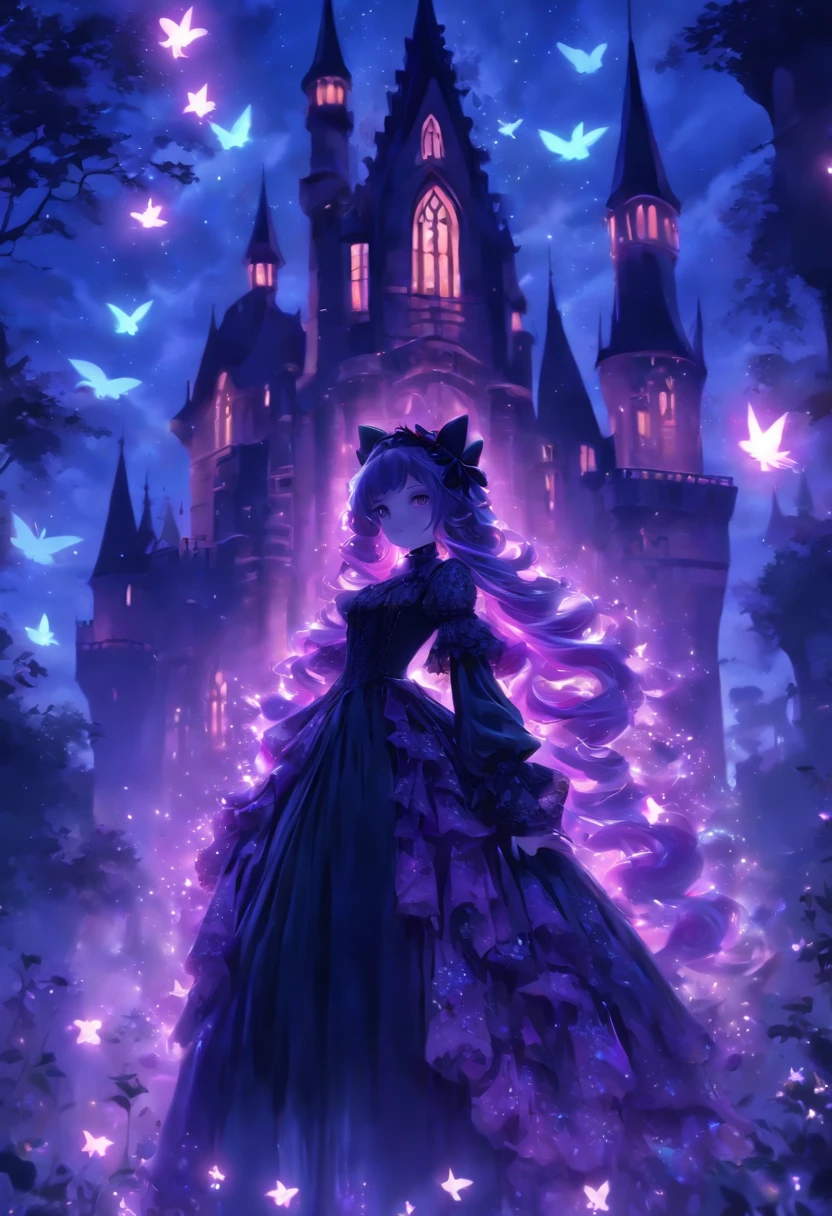 (a) gothic lolita, (dark, elegant:1.1), (purple-haired, long-haired), (wearing a dress, in a frilly dress), (carrying, holding) an umbrella, (frills, lace), (bow, ribbon), (standing, posing), (in front of) a moonlit castle

(b) surrounded by (purple fairy flame, ethereal flames:1.1), (glowing, flickering), (creating, casting) a soft, (magical, enchanting) light

(c) (mysterious, ominous) atmosphere, (dramatic, eerie) shadows, (moonlight, moonlit), (casting, illuminating) the scene

(d) (vibrant, rich) purple color palette, (deep, dark shades), (contrasting, highlighting) the gothic aesthetic

(e) (detailed, intricate) castle architecture, (towering, majestic) towers, (ornate, delicate) windows, (stone walls, battlements)

(f) (lush, overgrown) garden, (twisted, thorny) vines, (blooming, vibrant) flowers

(g) (enchanted, magical) atmosphere, (sparkling, shimmering) stars, (fluttering, glowing) fireflies

(h) (mysterious, haunting) music playing in the background, (melancholic, ethereal) melodies

(i) (fine art, oil painting)-like rendering, (realistic, detailed, lifelike) textures, (soft, smooth) brush strokes

(j) (vivid, rich) colors, (deep purples, contrasting hues), (subtle, nuanced) lighting effects

(k) (emphasize, highlight) the gothic aesthetic, (dramatic, theatrical) poses, (intricate, extravagant) details

(l) (high resolution, 4k, 8k), (ultra-detailed, hyper-realistic, photorealistic:1.37) output

Please remove the parentheses in the above and the content in the parentheses in prompt，And make sure not to add any new sentences or explanations。