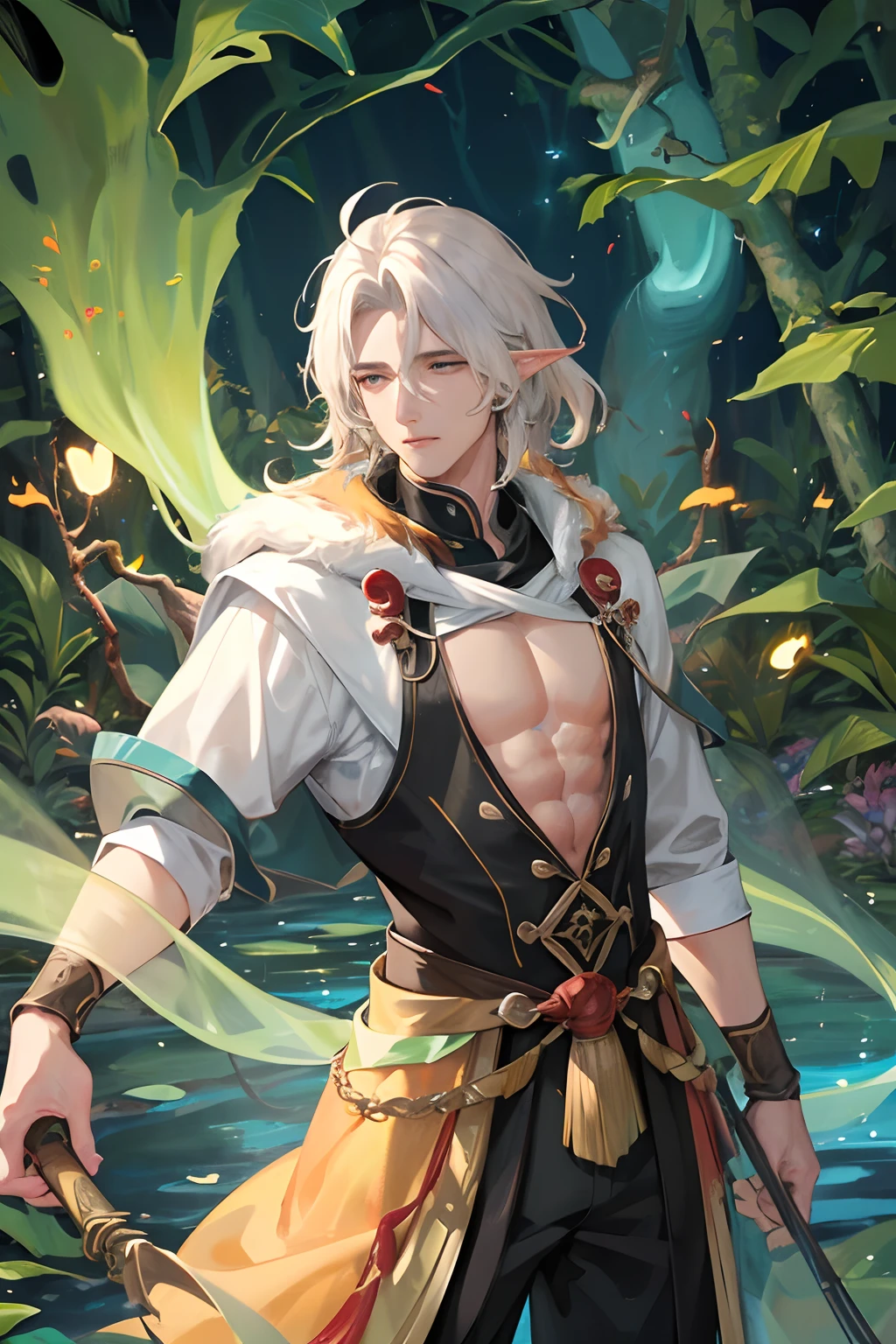 (Masterpiece, high resolution, Very detailed:1.0), (1 boy, young man), Perfect male body, (adult male elf:1.3), Delicate eyes and delicate face, CG ที่Very detailed, unity wallpaper 8k, complicated details, detailed face, (Silver eyes, eyes looking at the camera, sexy smile, seductive expression, half closed eyes, long hair, half in the water, topless, shower, Wet hair and body), outdoor, Flowers and trees, waterfall, Portrait, color difference, depth of field, Stunning shadow, Ray Tracing, best quality, movie light, official art,full body image