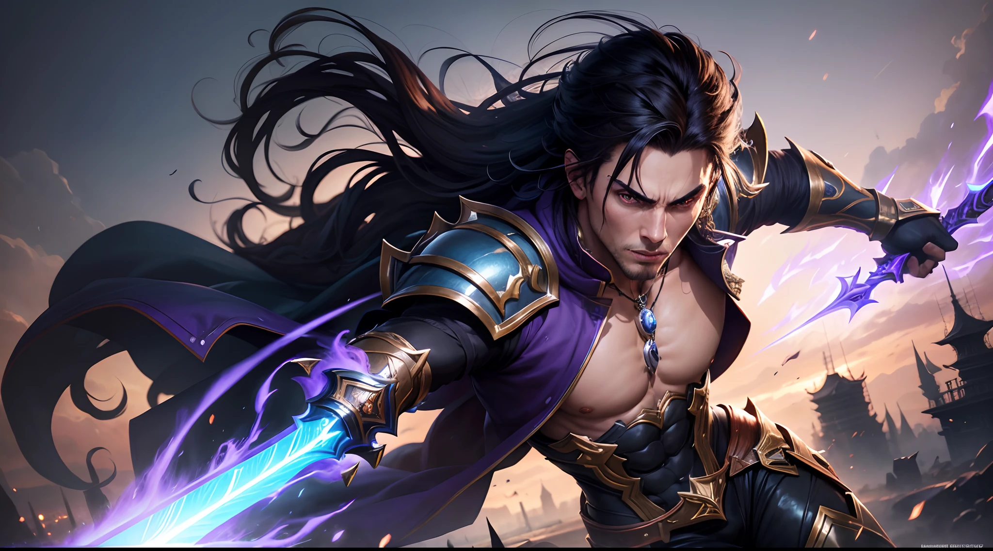 a close up of a person holding a sword on a purple background, splash art, official splash art, Wild Rift, Thertrevkaiser, Sylas, Leblanc, Mobile Legends, iconic splash character art, Time Reaper King, Warwick Saint, Character League of Legends, Heise Jinyao, background image, Johnny Silverhand, Heroes of the Storm Splash Art best quality, high quality, High details, juice, accurate, anatomically correct, textured skin, UHD, 1080p splash art, detailed costume, intense action scene, extraordinary abilities, breathtaking special effects, cinematic quality, Epic showdown, CGI realistic, high definition resolution, Iconic superhero pose, dramatic composition, background city scenery, intense facial expression, intense energetic aura, Superhuman strength, ultra-fast speed, invincibility, determination.