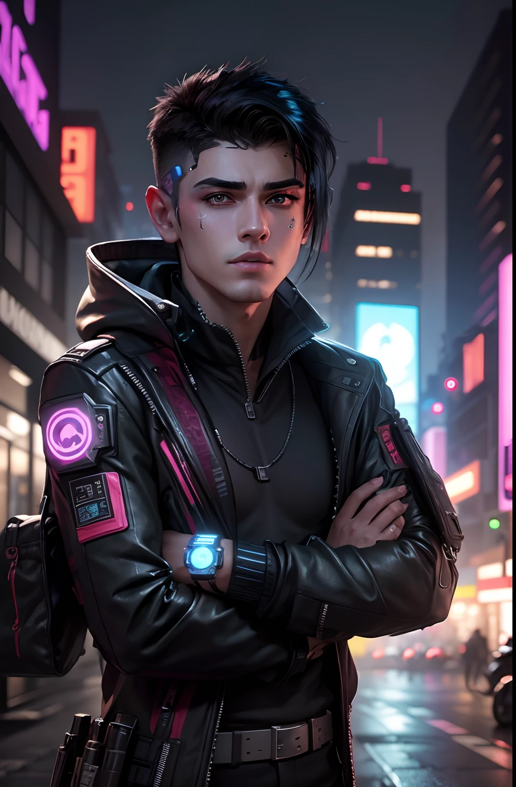 Change background cyberpunk handsome boy, realisticface, 8k, ultra realistic,