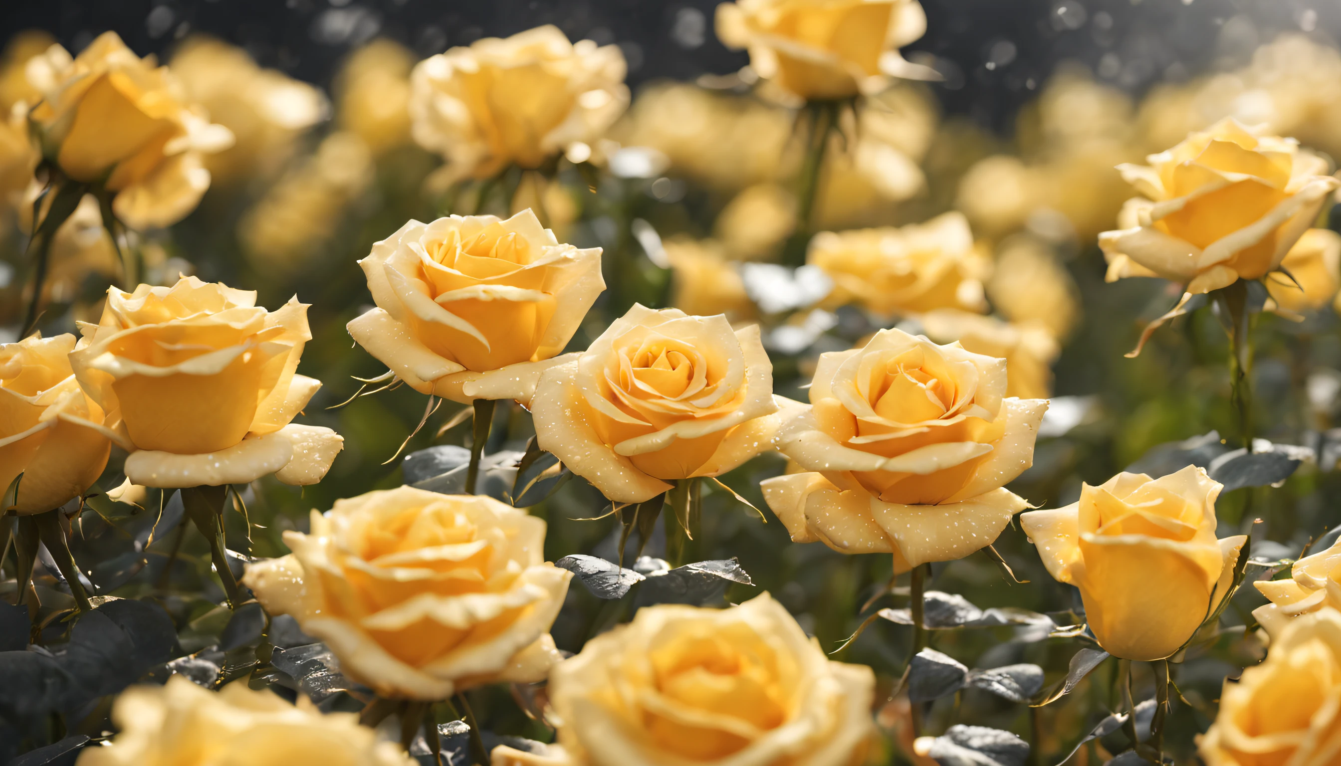 Many yellow rose flowers in the garden and sunlight with bokeh, dew drops on flower petals (masterpiece, ultra quality, high resolution, 8k, intricate: 1.2), (masterpiece), (best quality:1)