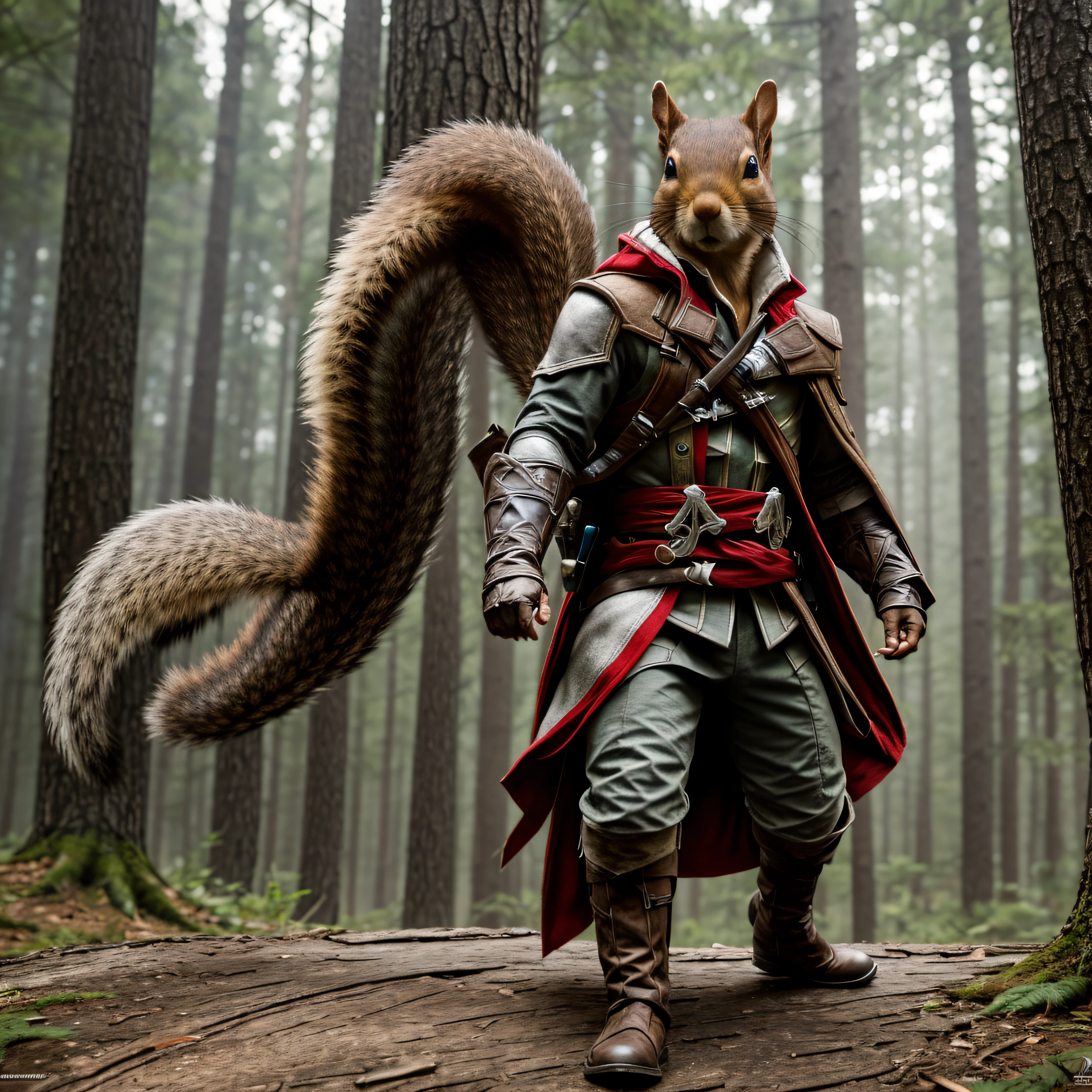 squirrel with assassins creed costume, realistic, 4k, HDR, 8K, HD, assassins creed hat
