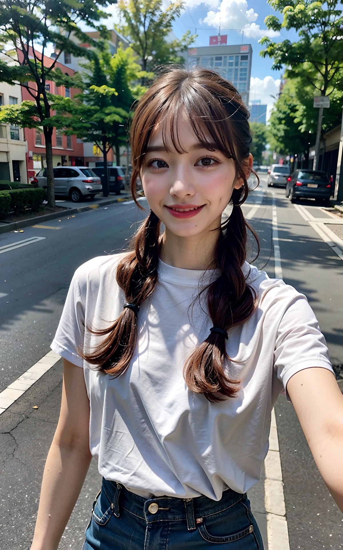 8k、masuter piece、Photorealsitic、pov、(one girls:1.2)、with round face、a 、Plain clothe、Stroll through the natural park、a smile、pigtails
