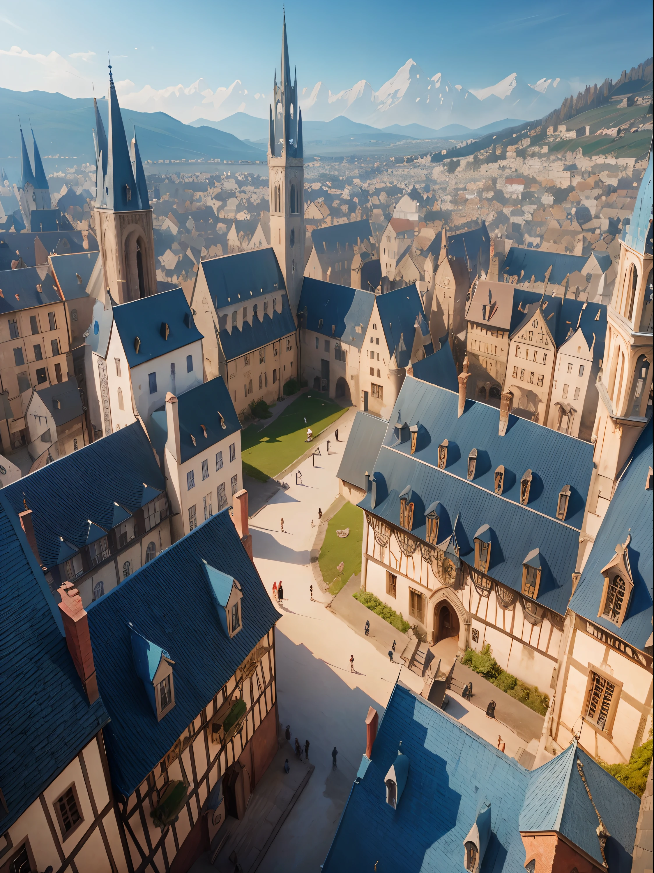 extreme detail, medieval town, buildings, blue roofs, people, fantasy creatures, high resolution