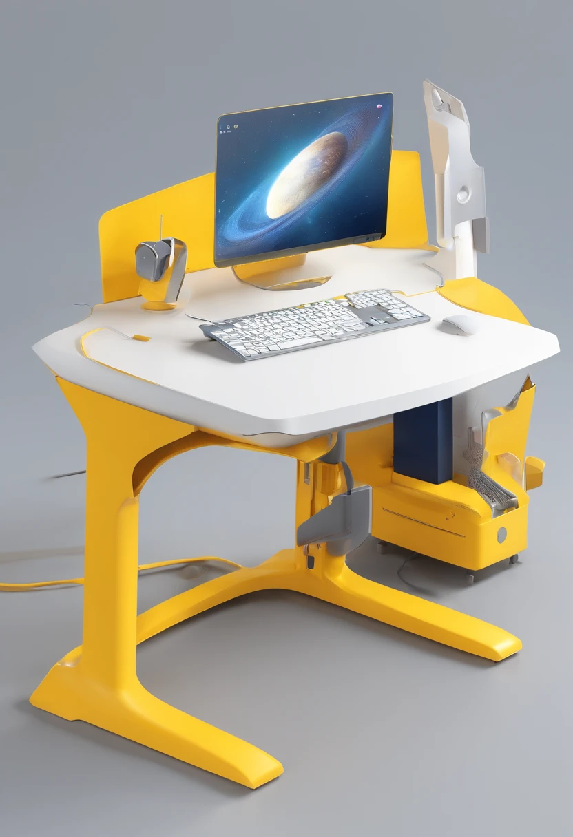 (a futuristic working desk floating in the air), yellow navy grey white color, simple lightning, cute style, technology element, pc desktop, keyboard, mouse, chair, working desk, controller, white background, fine shape, front-top view