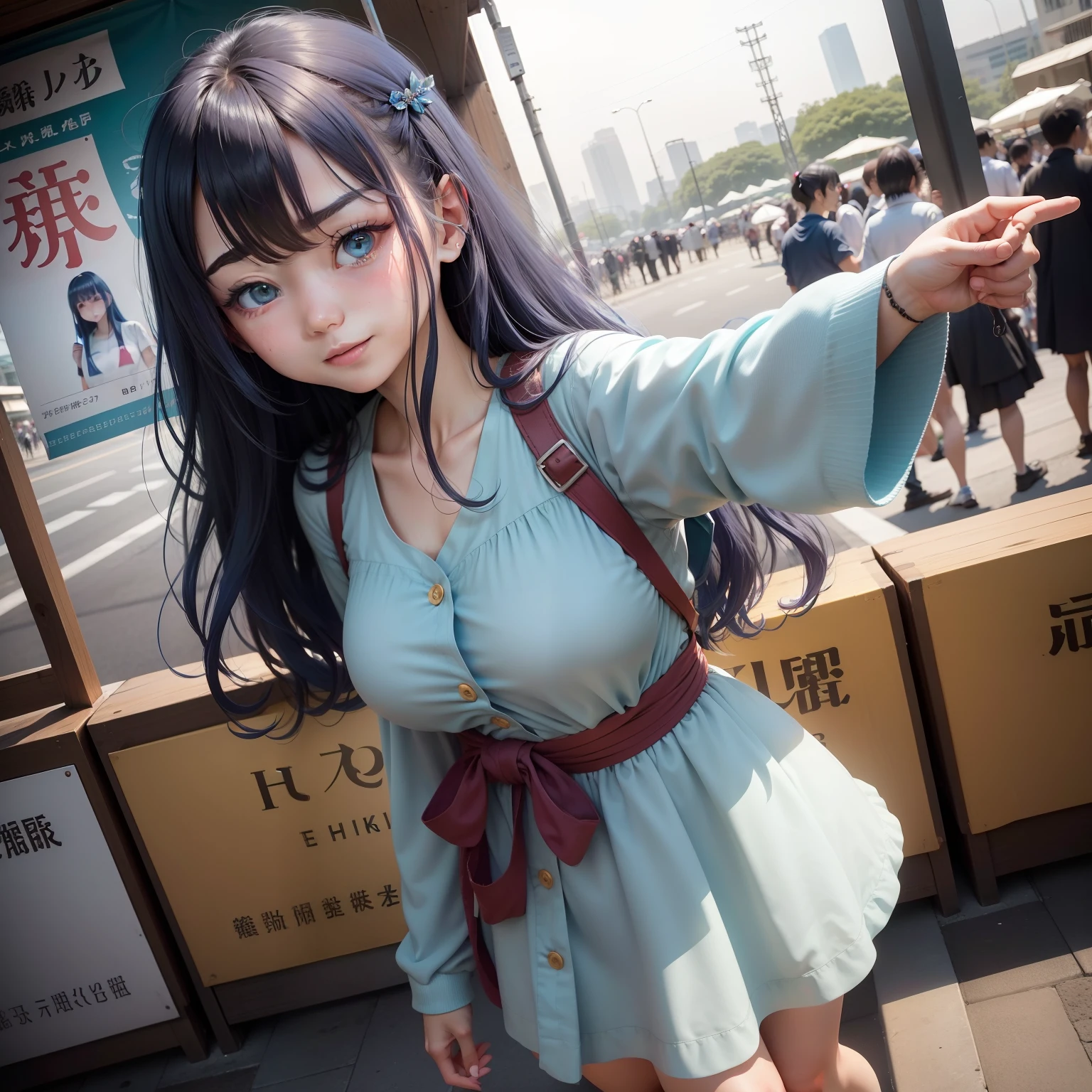 high-level image quality、masterpiece、8K、1womanl、japanes、Konata Izumi(Rakisuta)、32years old、adult lady、Female with young body type、Saint a girl、小柄、1 persons、独奏、One person on the screen、Empty bangs、Hair color is dark light blue、Hair is light blue、Longhaire、long hair to the waist、Fetishes、Large bouncing hairs on the crown of the head,、Light green eyes、Green eyes、big eye、Hanging eyes、nerdy、Active、Cheerful、Fluffy smile、Wear a yellow dress、Small udder、almost no udder、small tits、Stand with your right hand raised、Decide on a pose、full of sweat、perspiring、outside of house、The background is Tokyo Big Sight, Japan, Japan、Dōjinshi fair、traffic jam