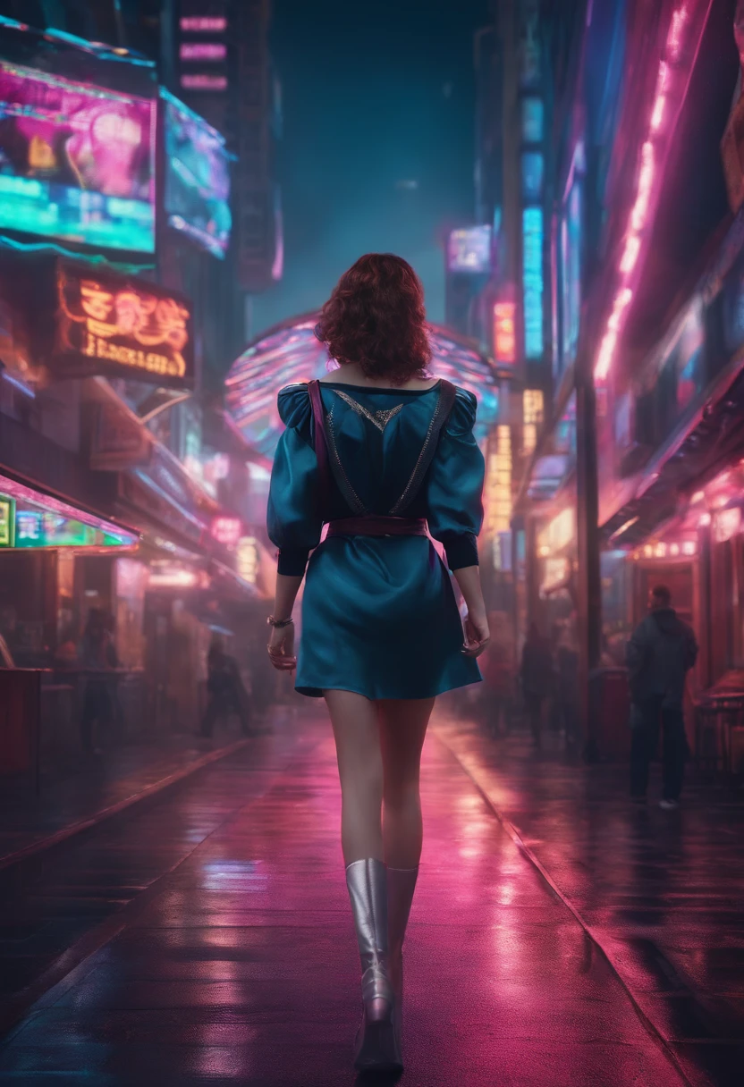A magical girl with her back to the camera is walking in Cyber City